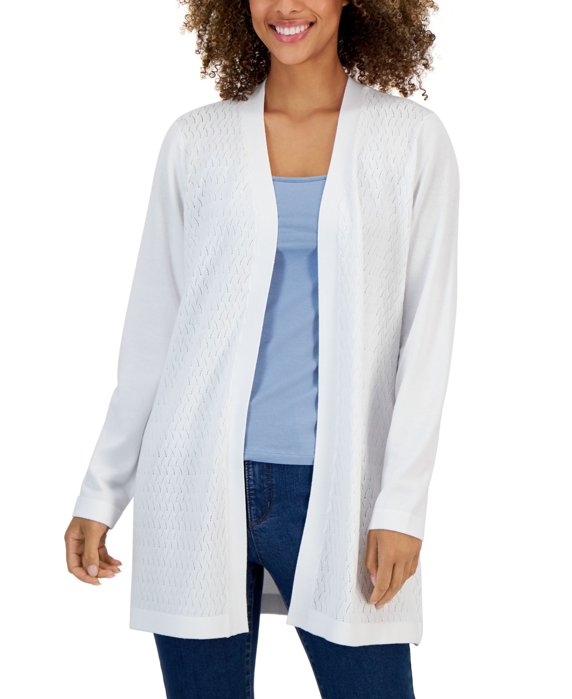 Karen Scott Womens Open Front Textured Stitch Cardigan Sweater