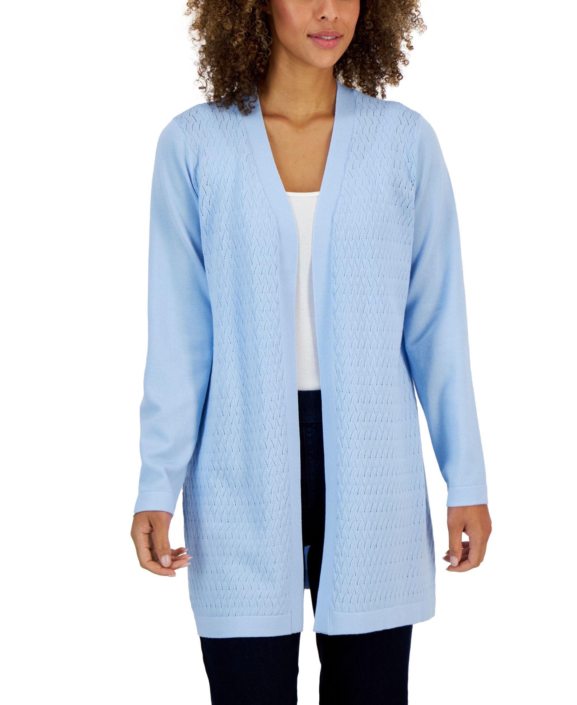 Karen Scott Womens Open Front Textured Stitch Cardigan Sweater