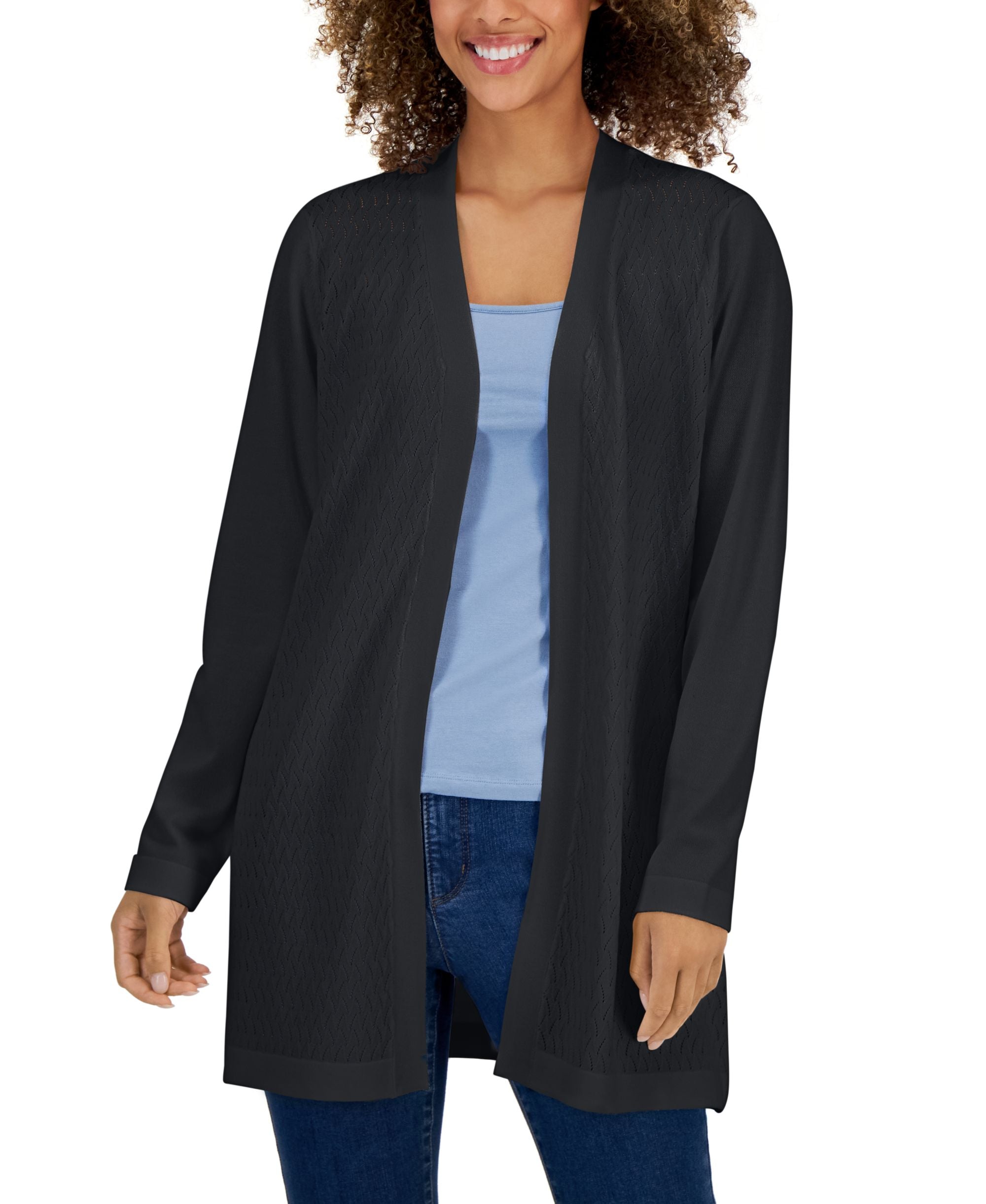 Karen Scott Womens Open Front Textured Stitch Cardigan Sweater