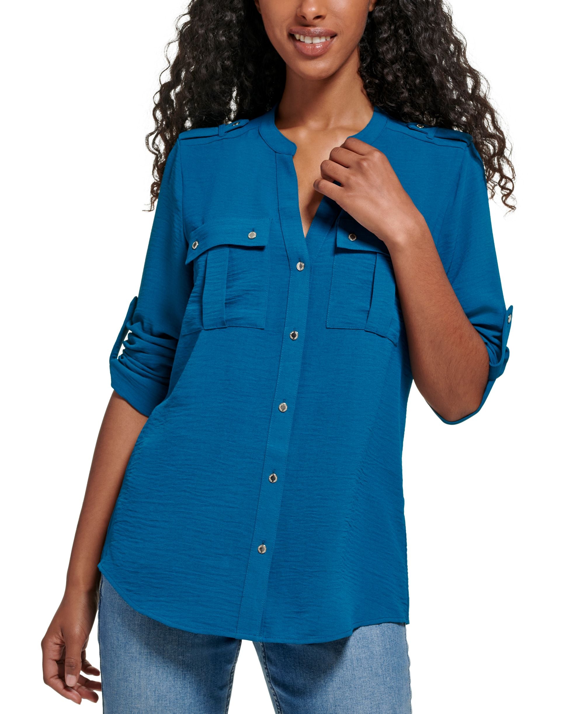 Textured Roll-Tab Blouse