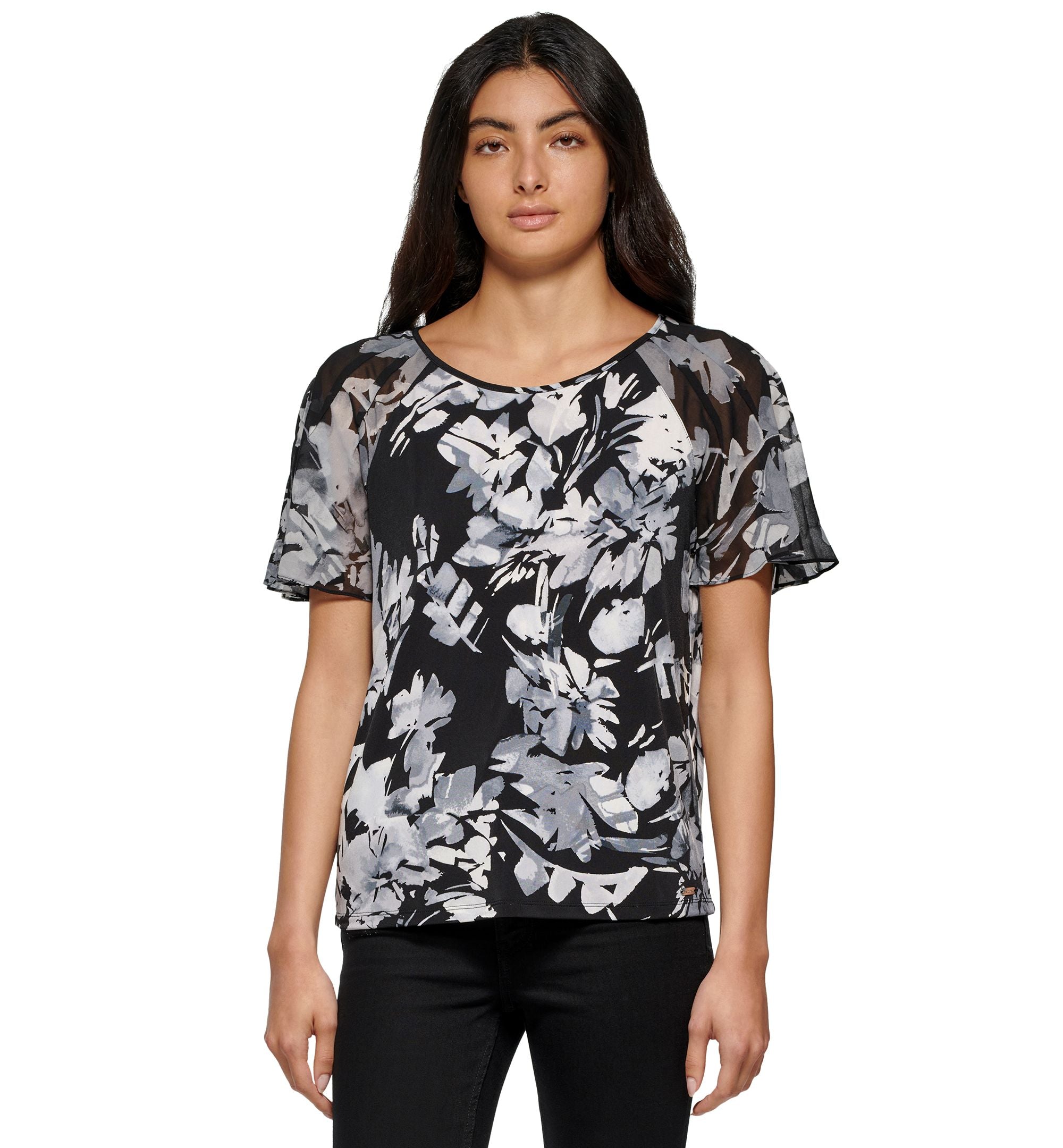Women's Printed Chiffon Flutter Sleeve Top