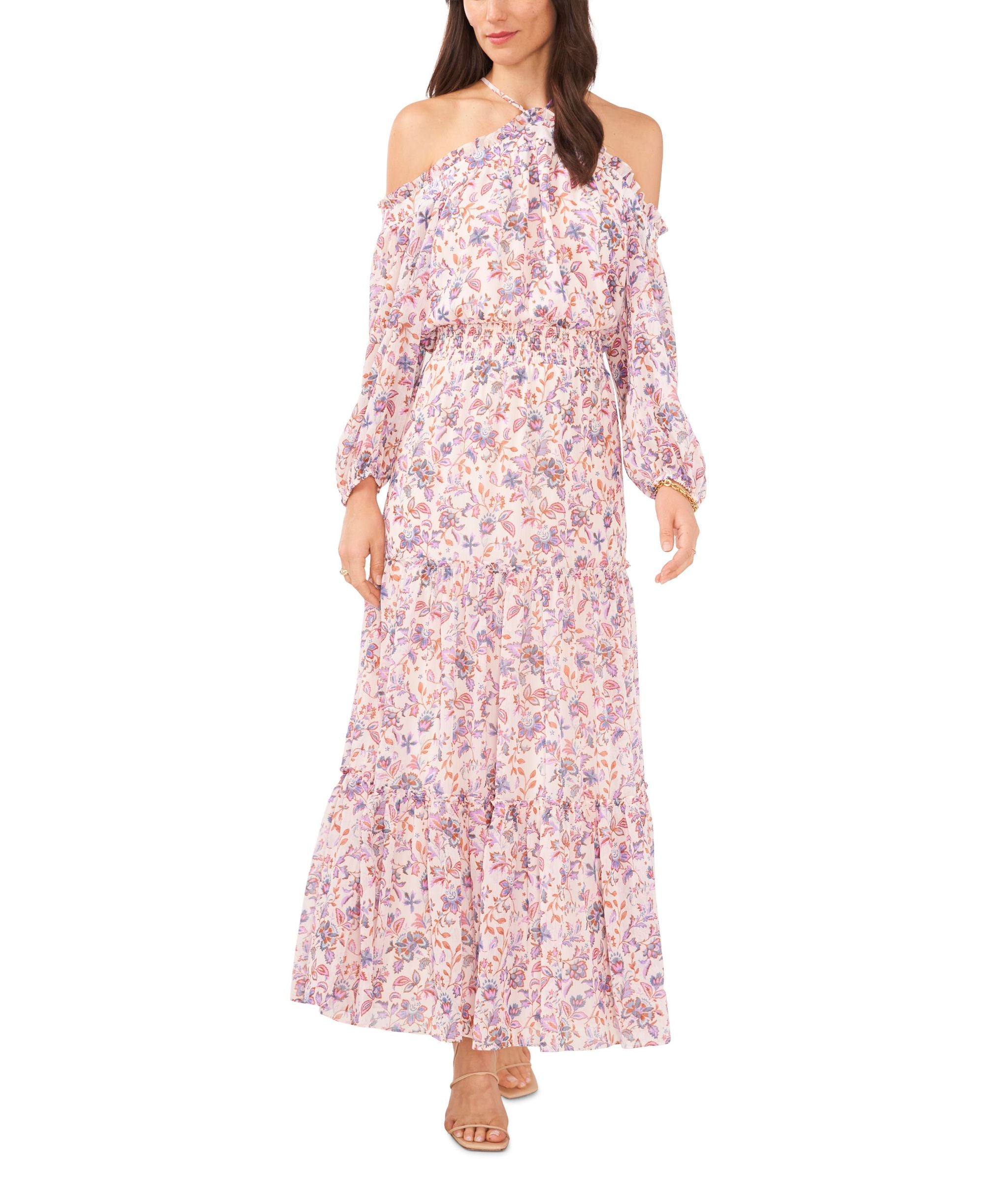 Women's Smocked Waist Long Sleeve Halter Maxi Dress