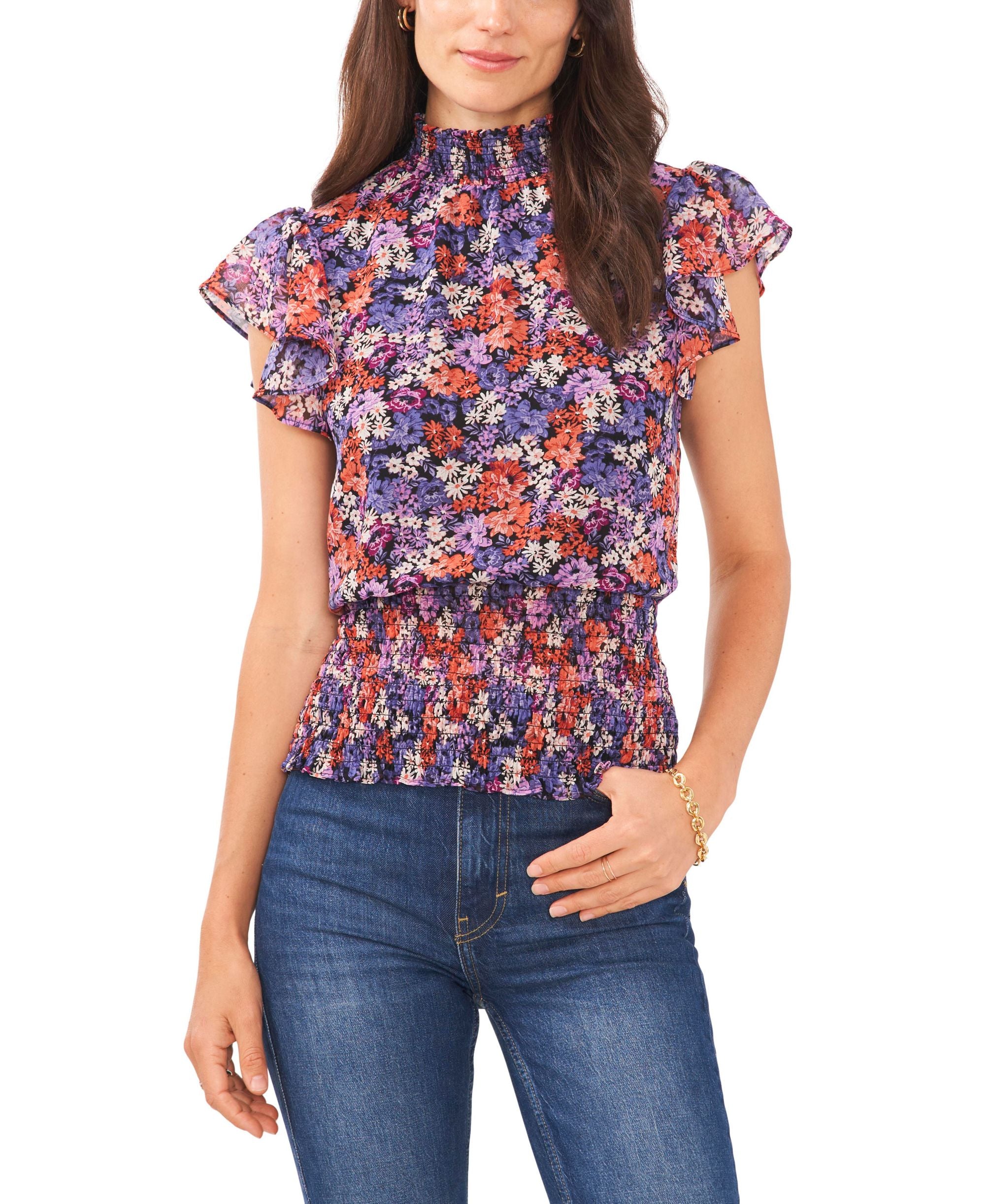 Women's Flutter Short Sleeve Smocked Neck Top