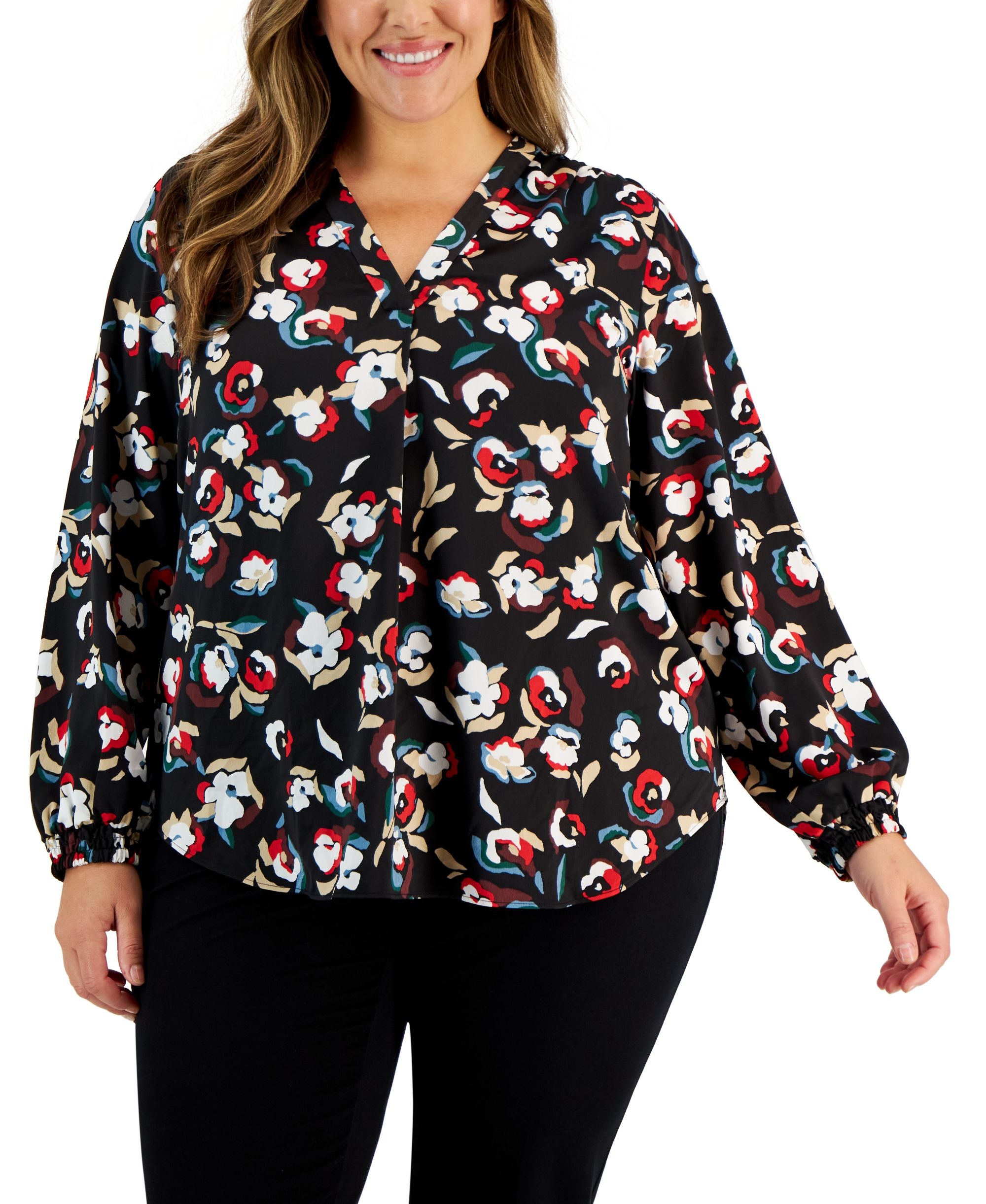 Alfani Plus Size Printed V Neck Long Sleeve Top