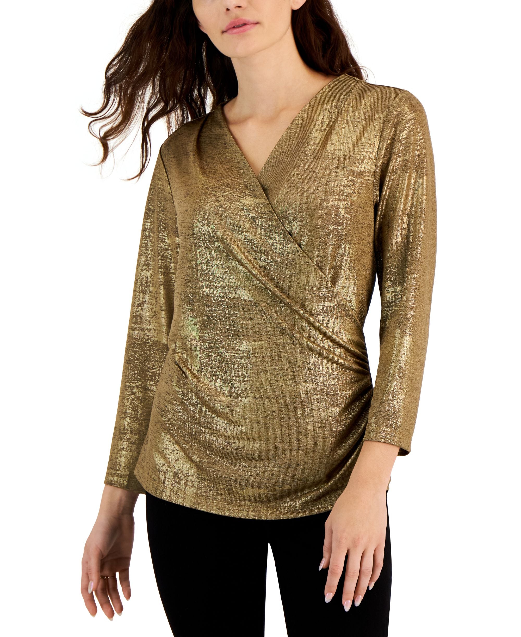 JPR Studio Womens Metallic Surplice Faux Wrap Top