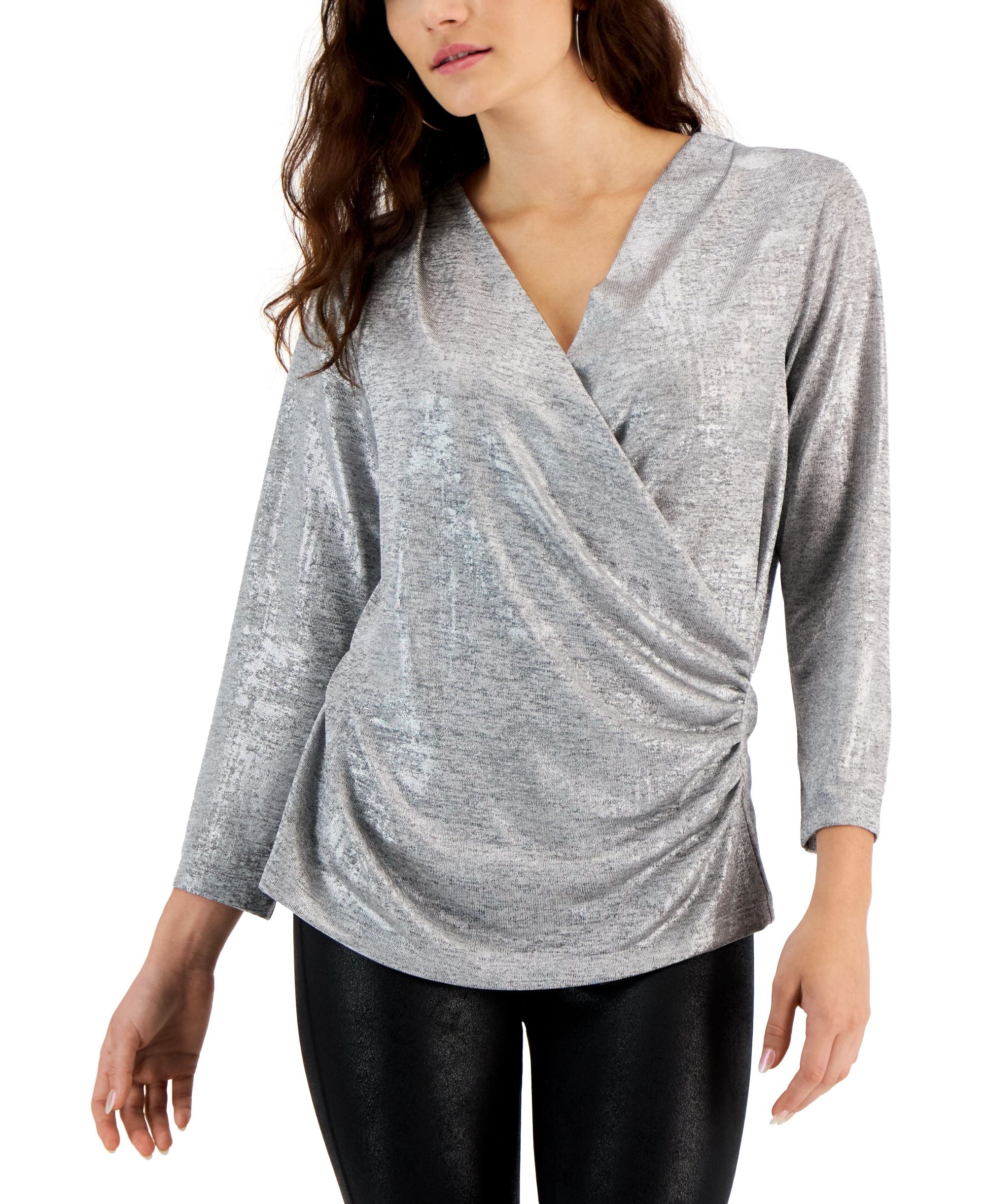 JPR Studio Womens Metallic Surplice Faux Wrap Top