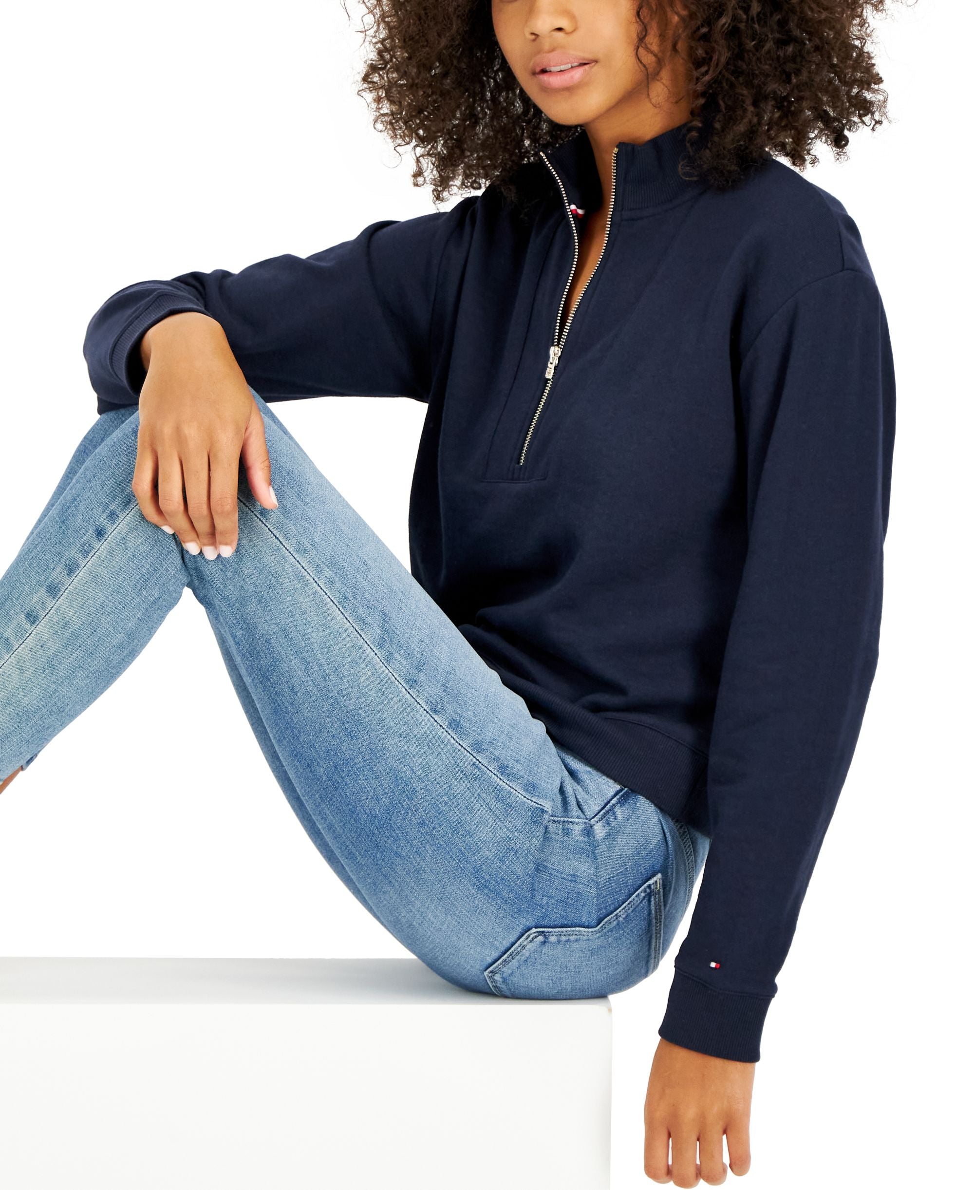 Tommy Hilfiger Womens 1/2 Zip Solid Cropped Sweatshirt