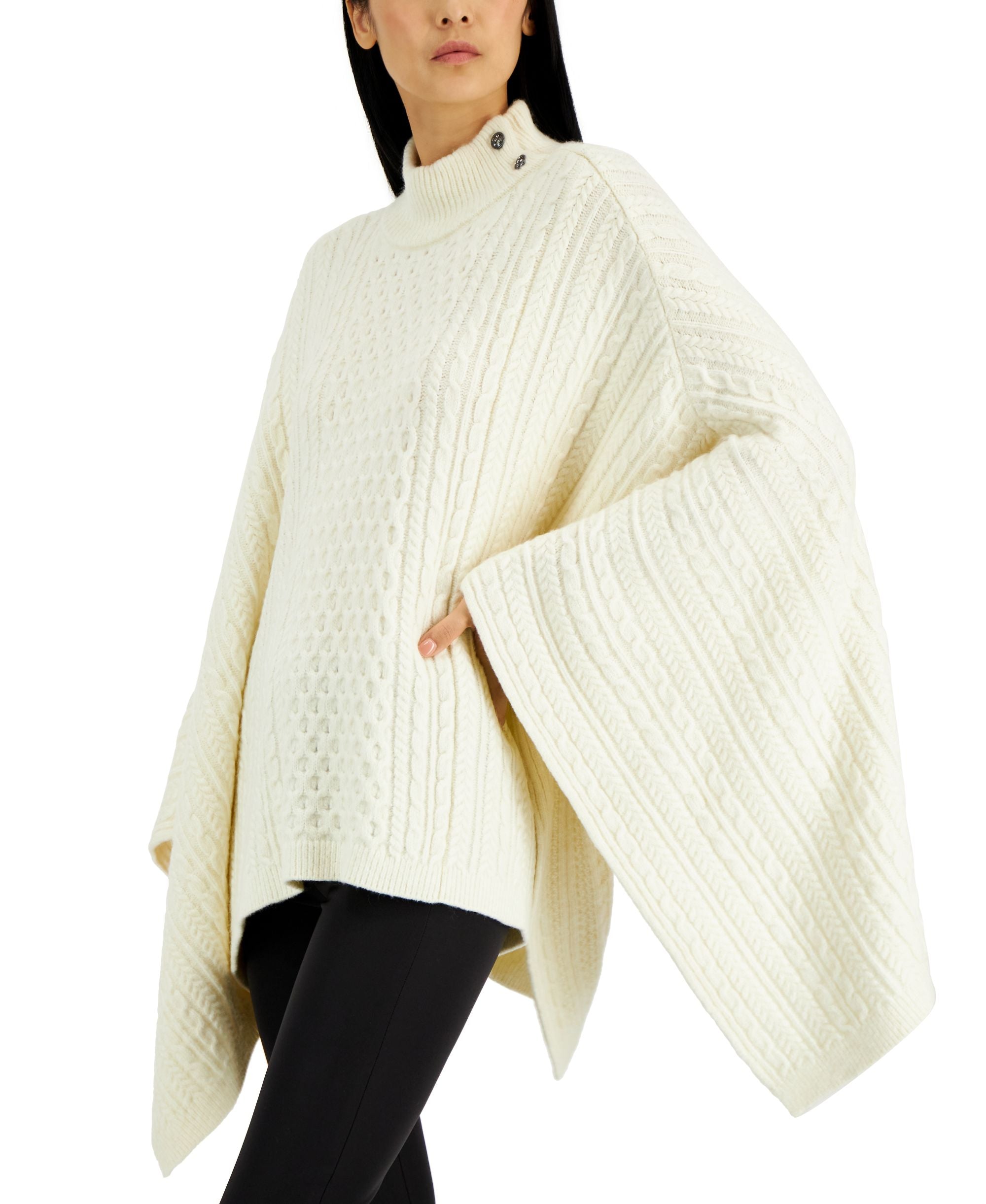 Women's Cable-Knit Mock Neck High-Low Poncho