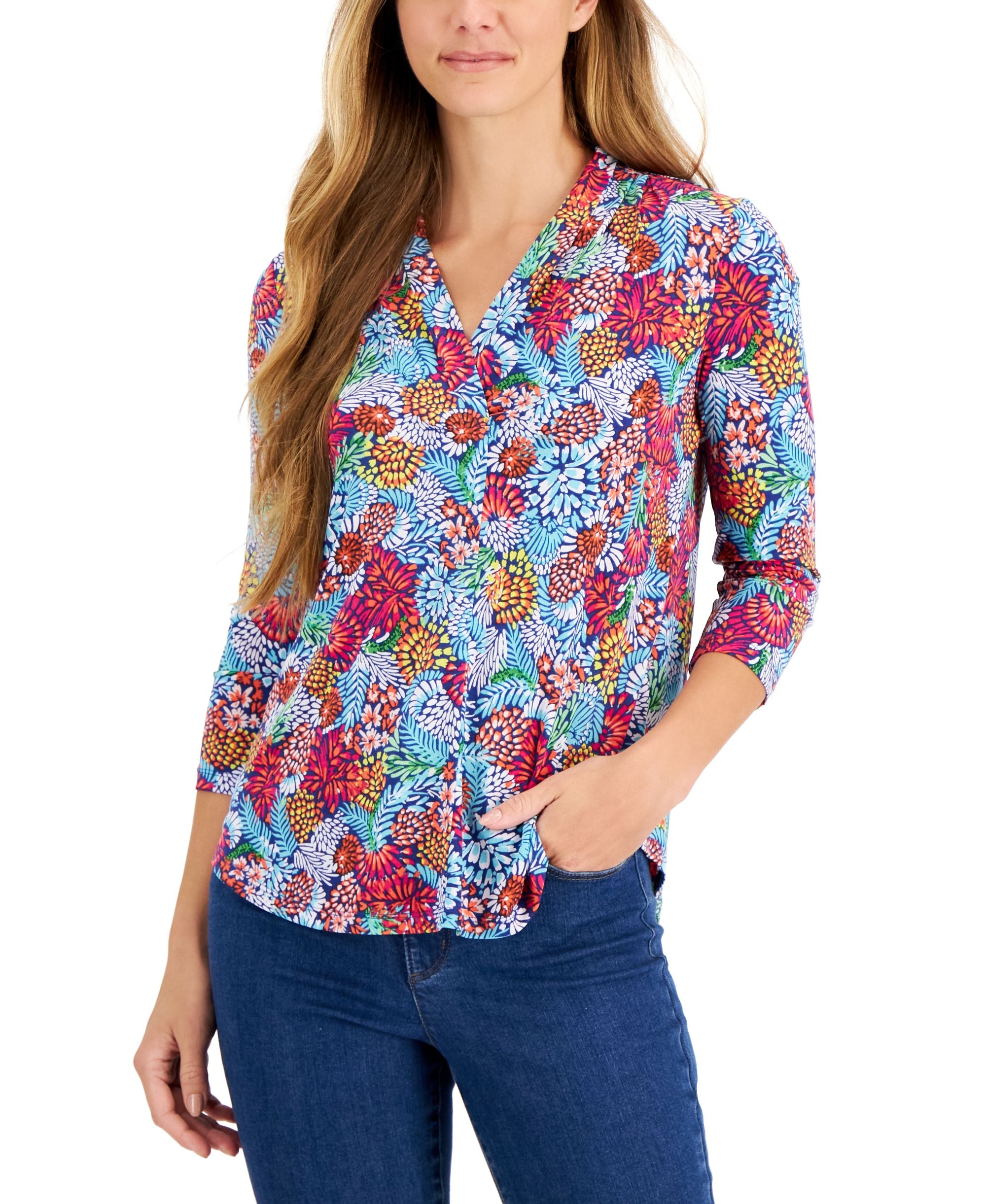 Charter Club Petite Jungle Ditsy V Neck Top