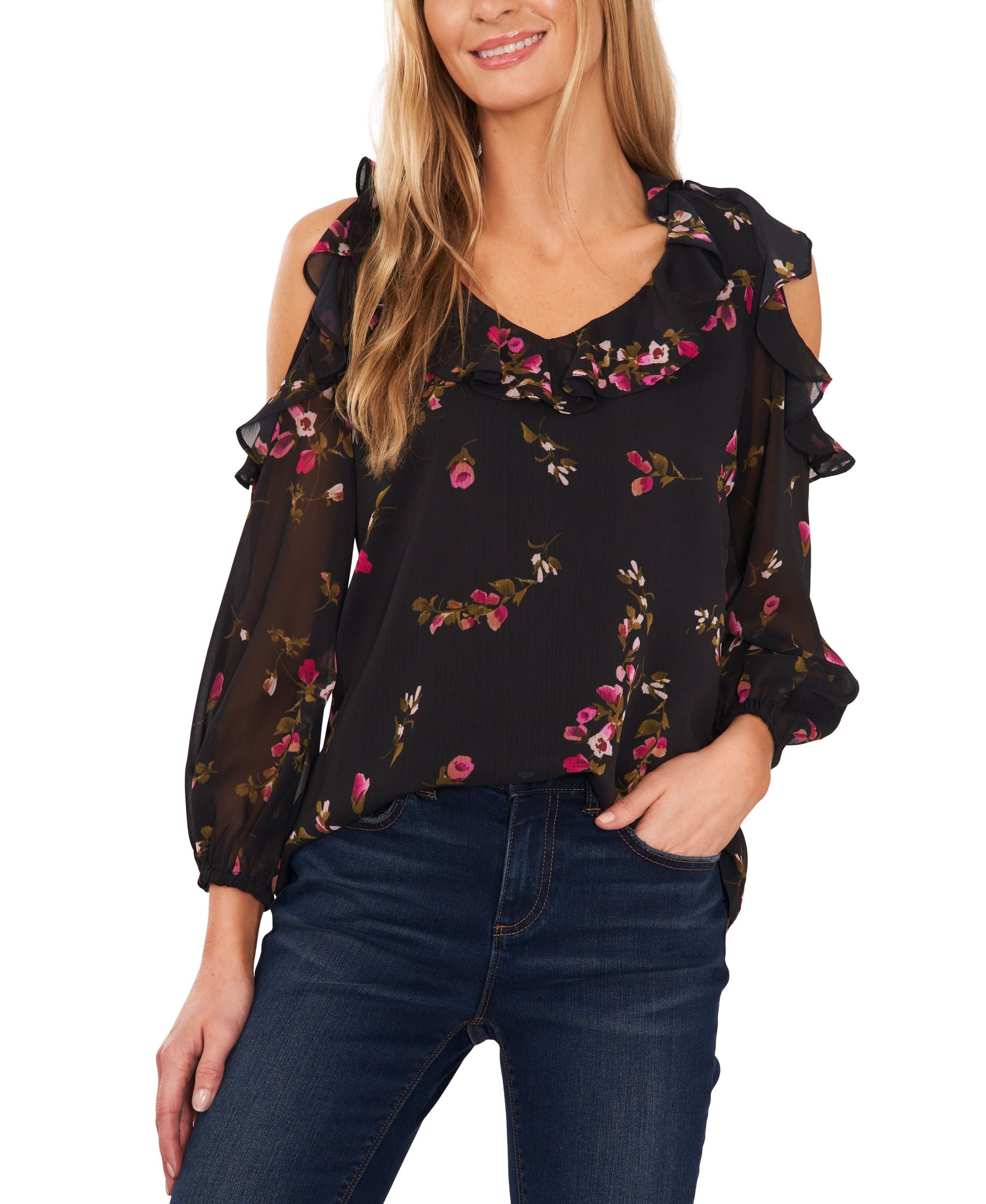 Women's Printed V-Neck Cold-Shoulder Ruffle Top