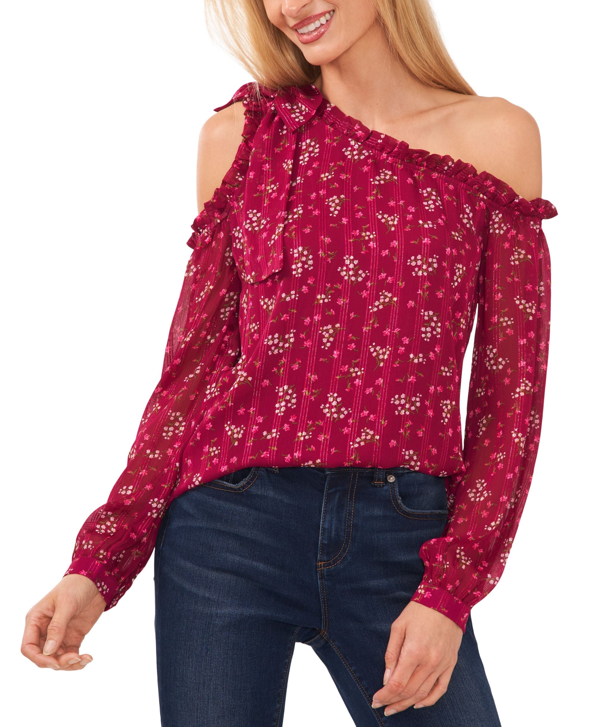 Women's Floral-Print Cold-Shoulder Long Sleeve Bow Blouse