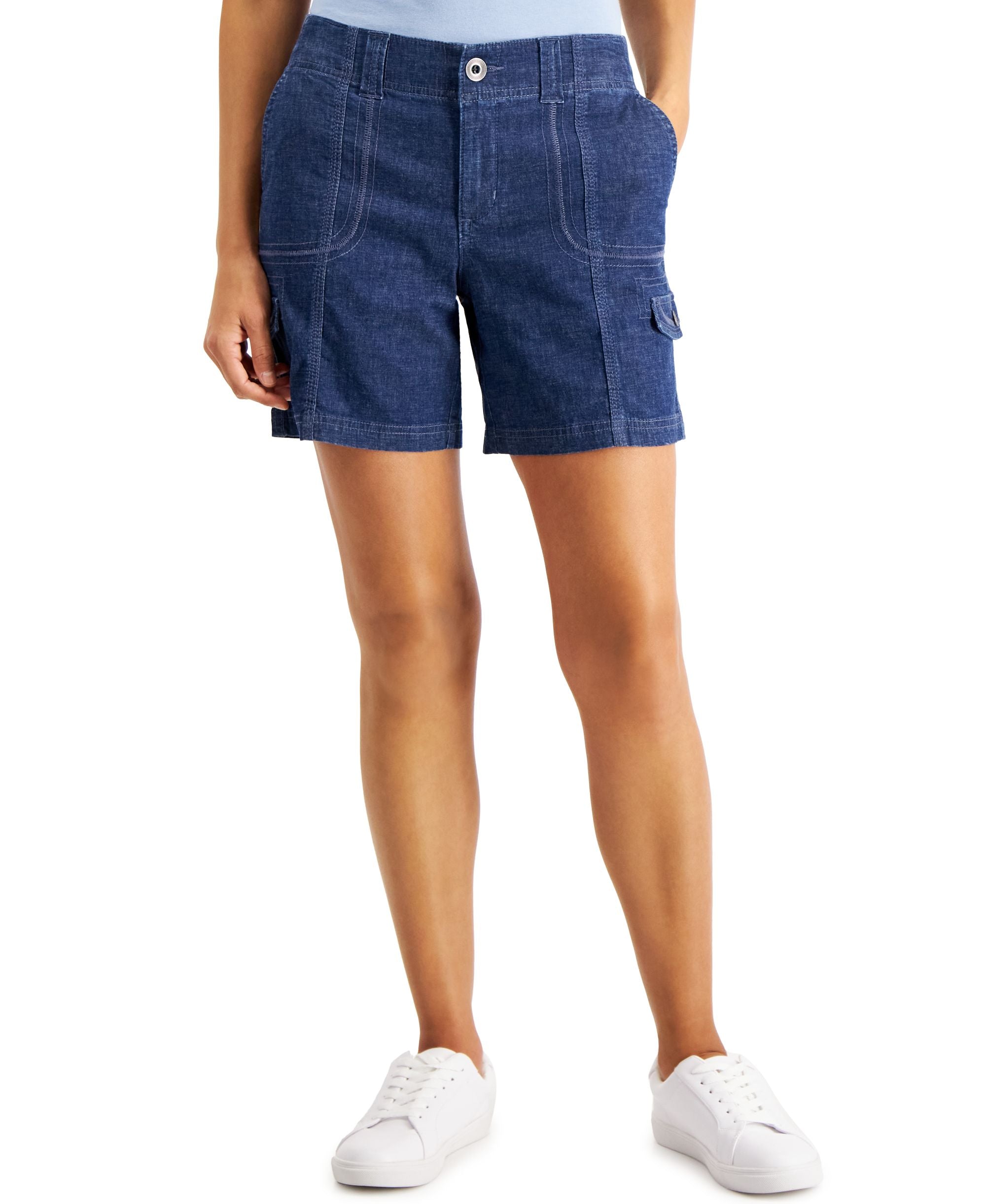 Petite Mid Rise Zig Zag Stitch Cargo Shorts