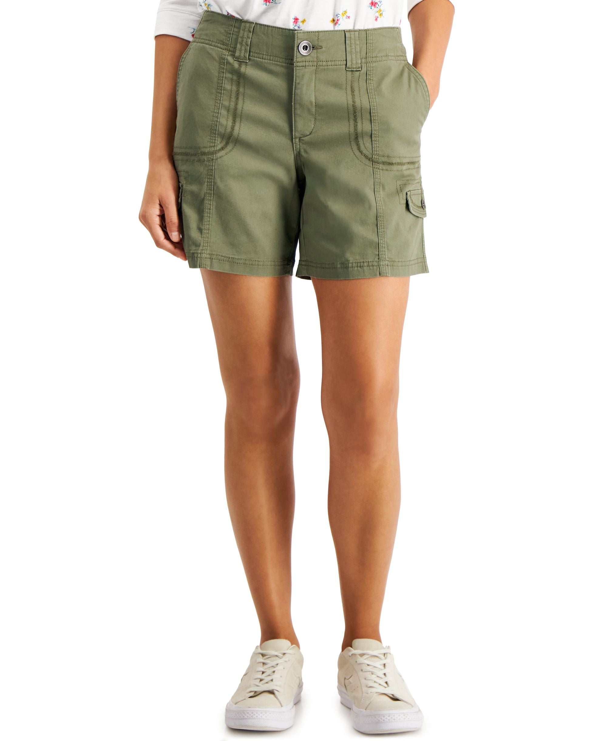 Petite Mid Rise Zig Zag Stitch Cargo Shorts