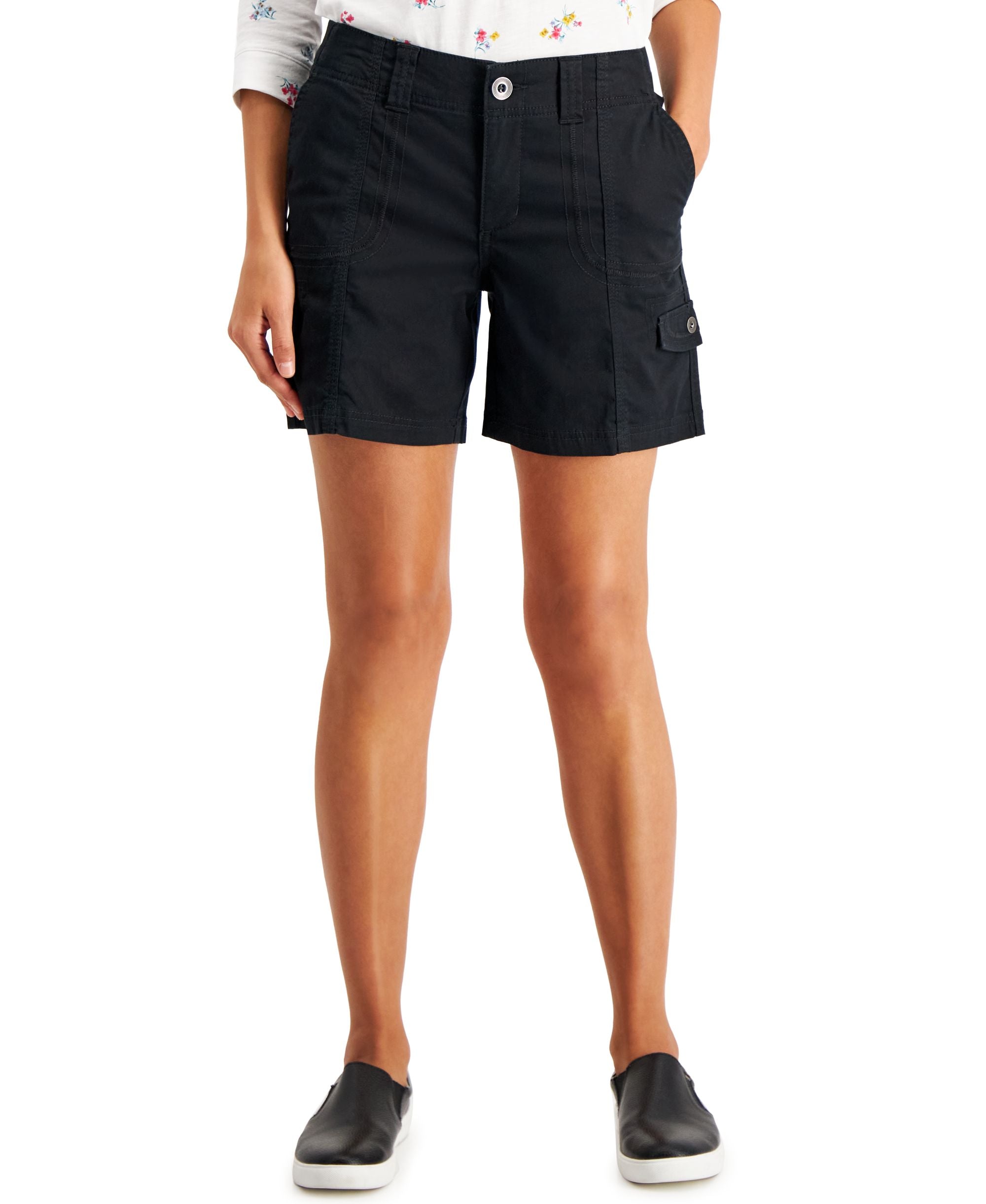 Petite Mid Rise Zig Zag Stitch Cargo Shorts