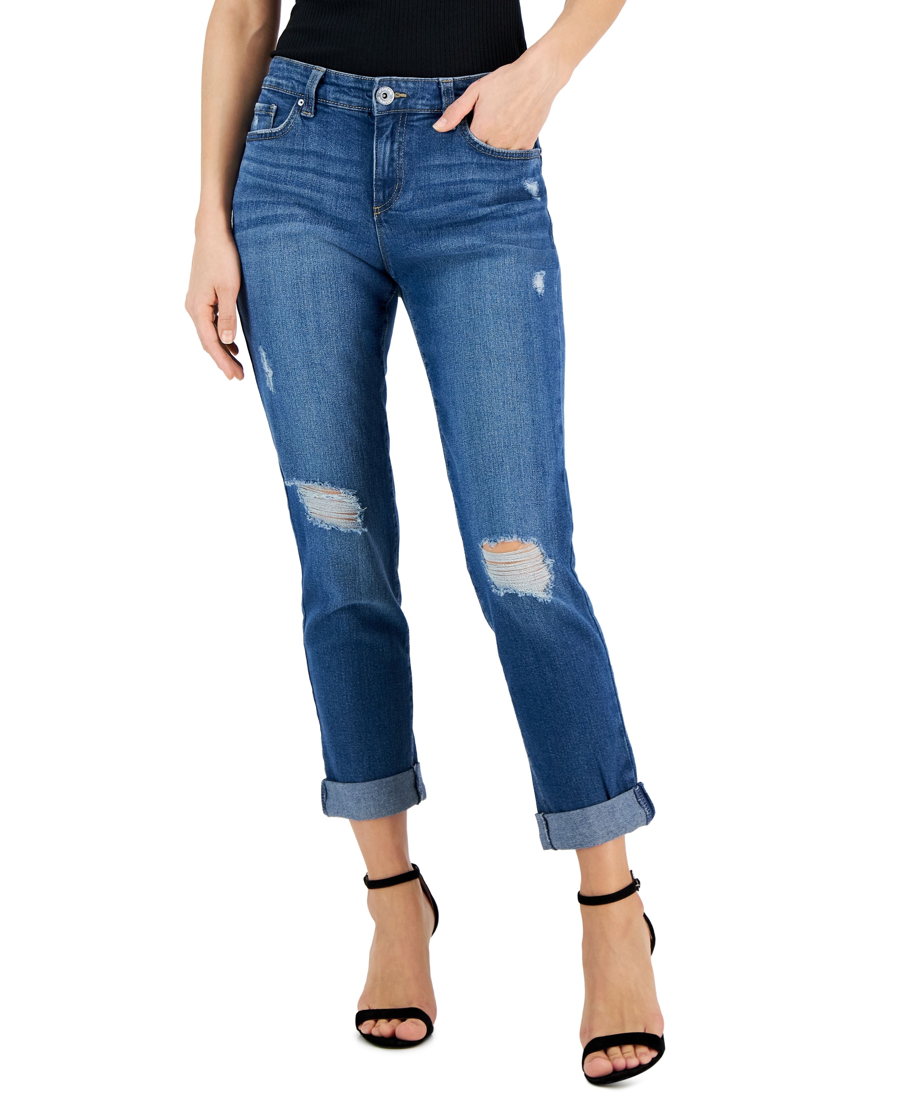 Women's Mid Rise Ripped Straight-Leg Jeans
