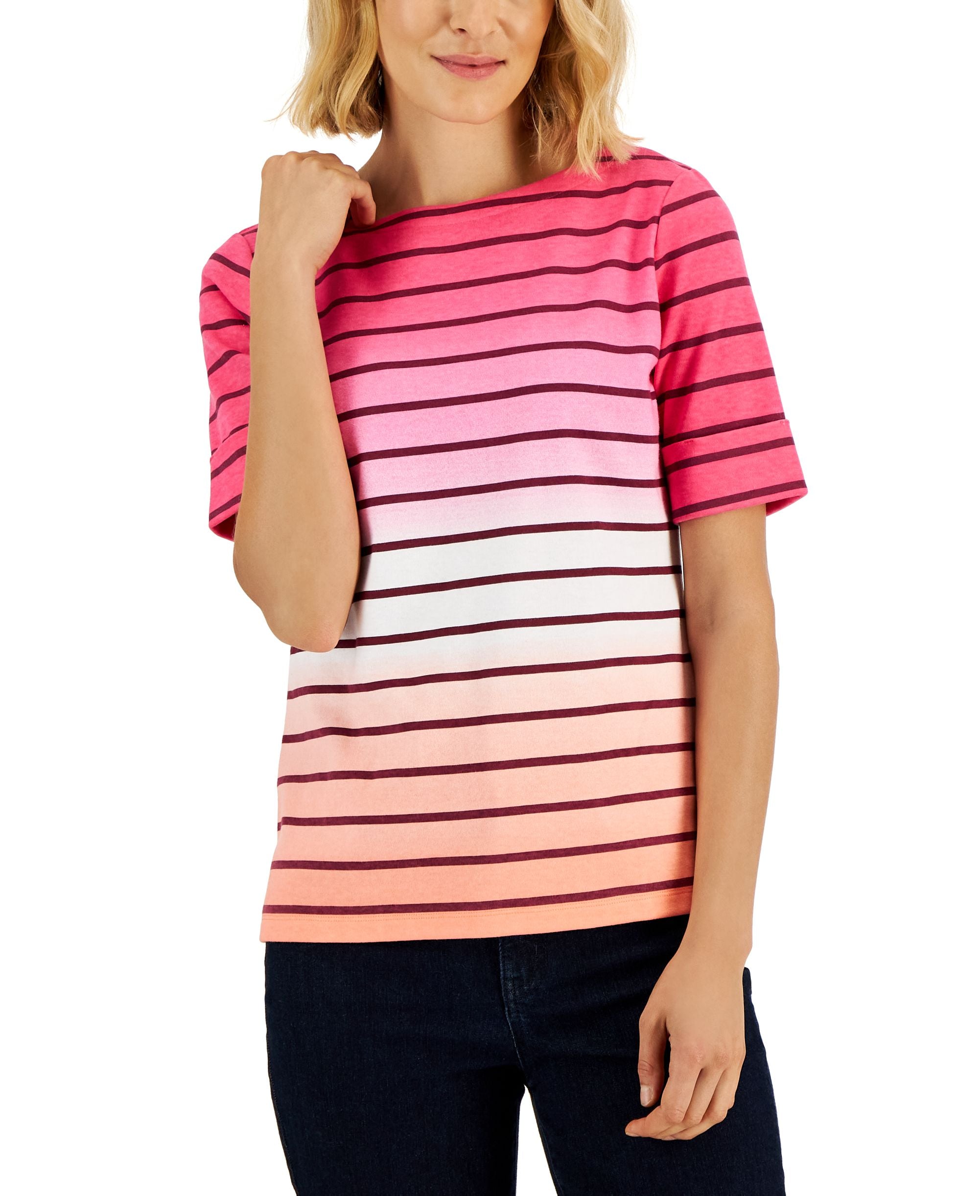 Karen Scott Petite Ombre Striped Elbow Sleeve Boat Neck Top