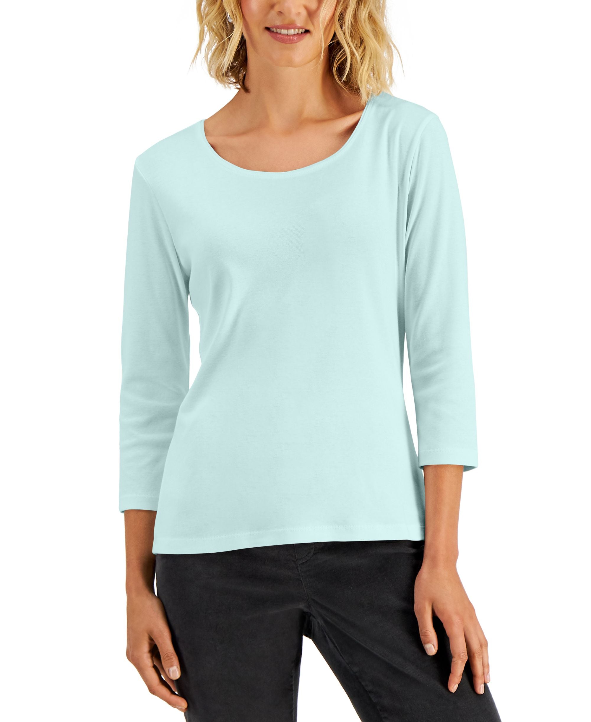 Petite 3/4 Sleeve Cotton Scoop-Neck Top