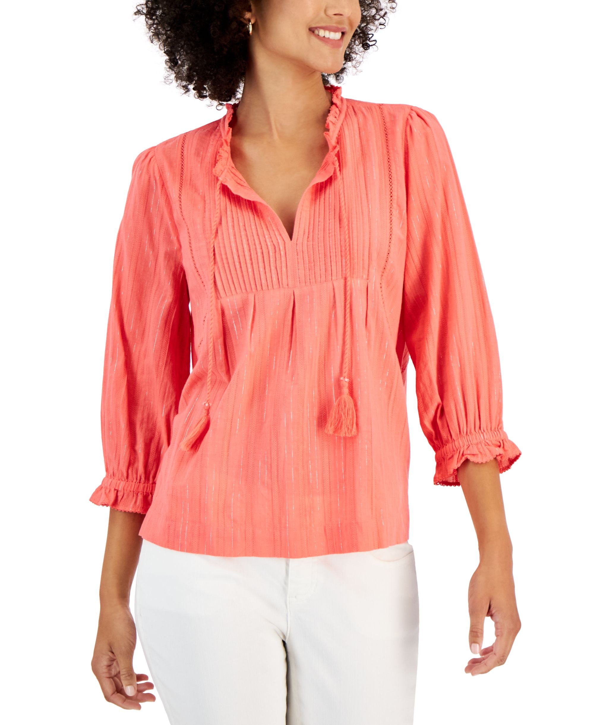 Charter Club Womens Tonal Metallic Peasant Top