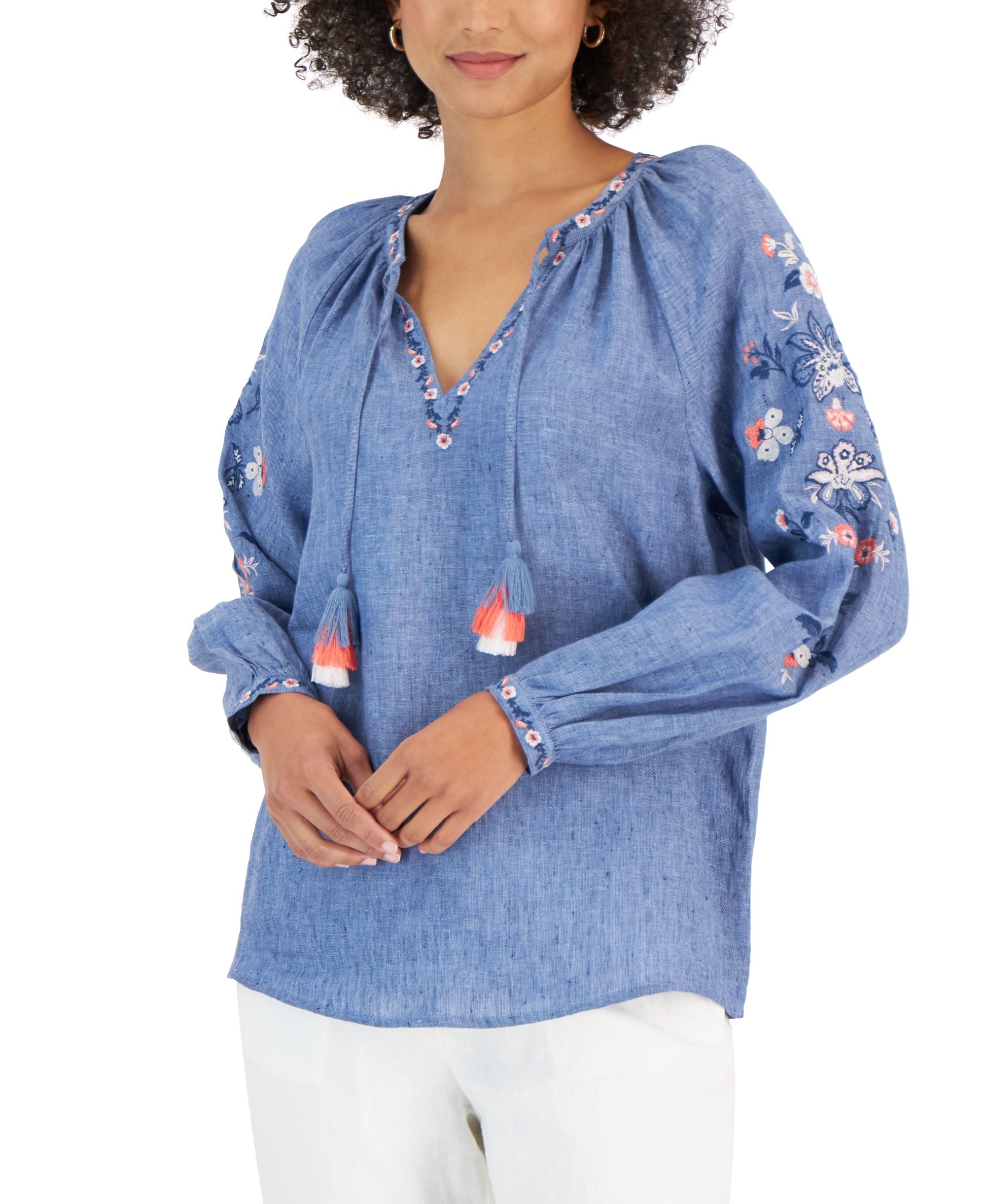 Women's Linen Embroidered Peasant Top