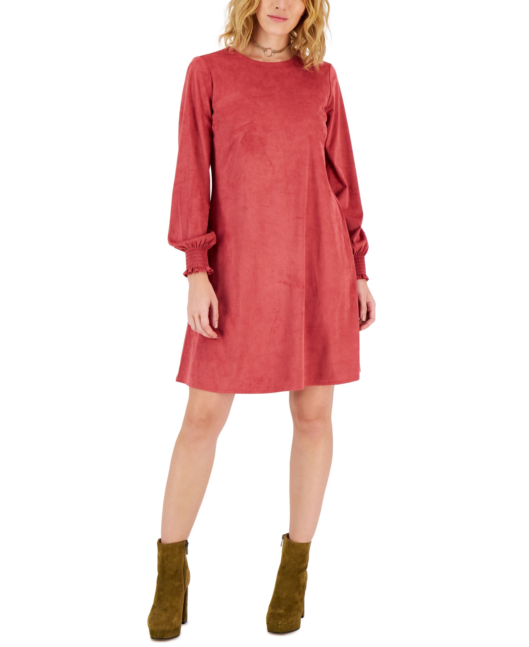Anne Klein Womens Faux Suede Long Sleeve A Line Dress