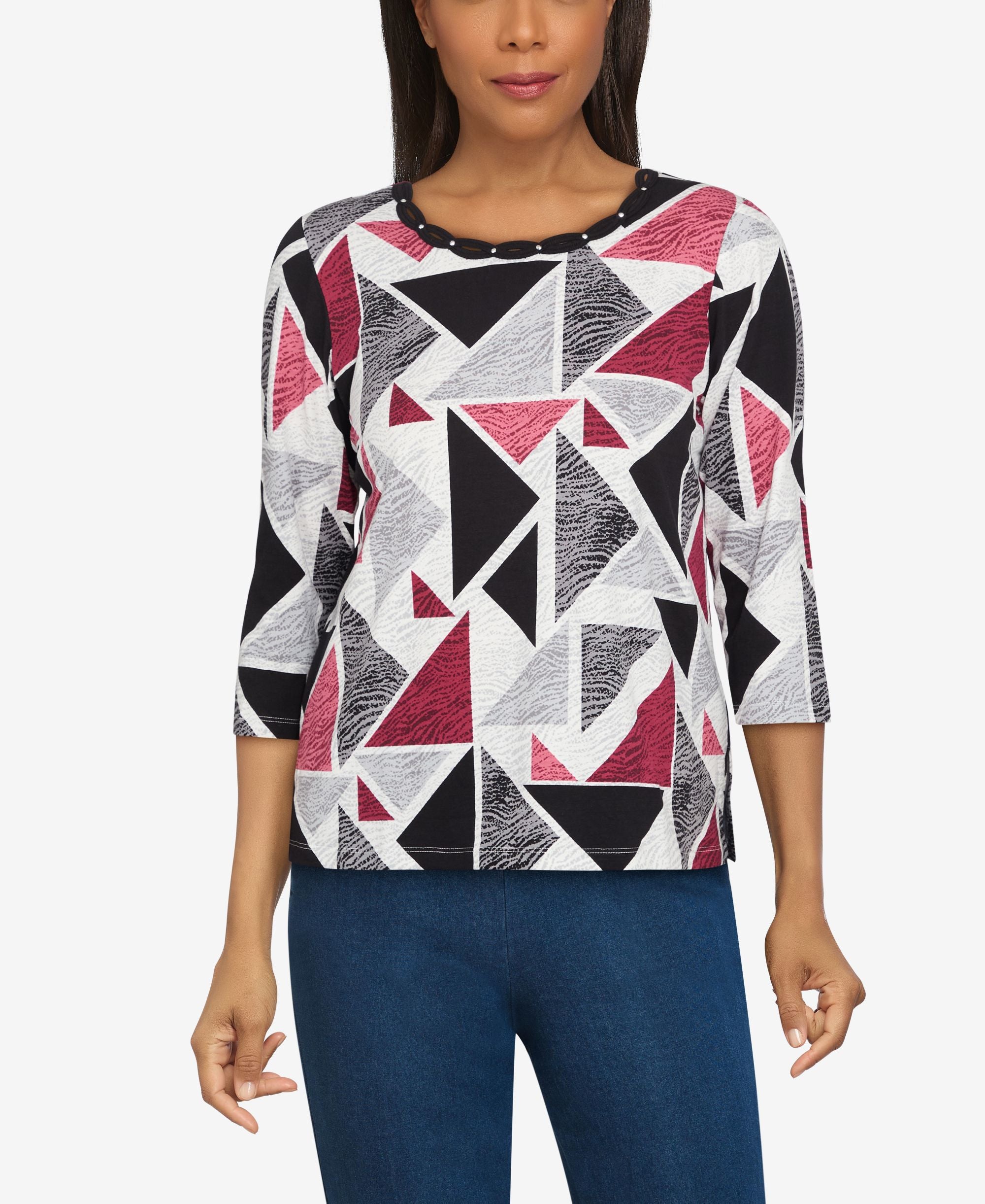 Women's Key Items Triangle Print Braid Neck Top