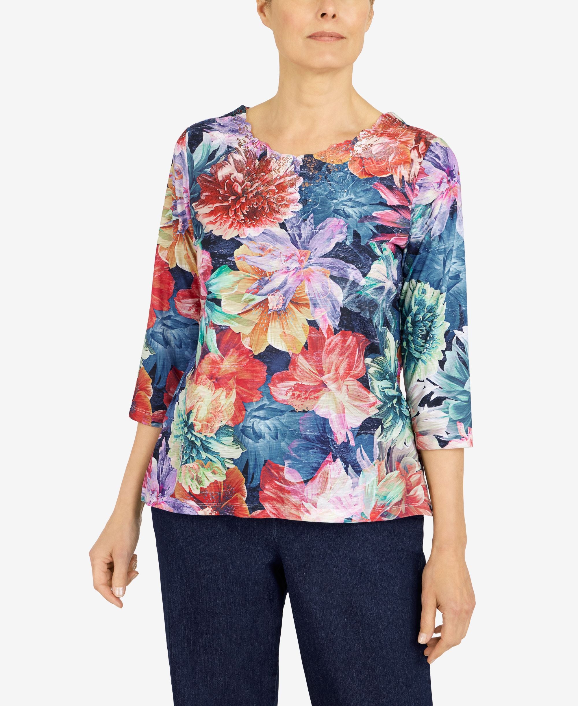 Women's Lake Placid Botanical Embellished Lace Applique Print Top