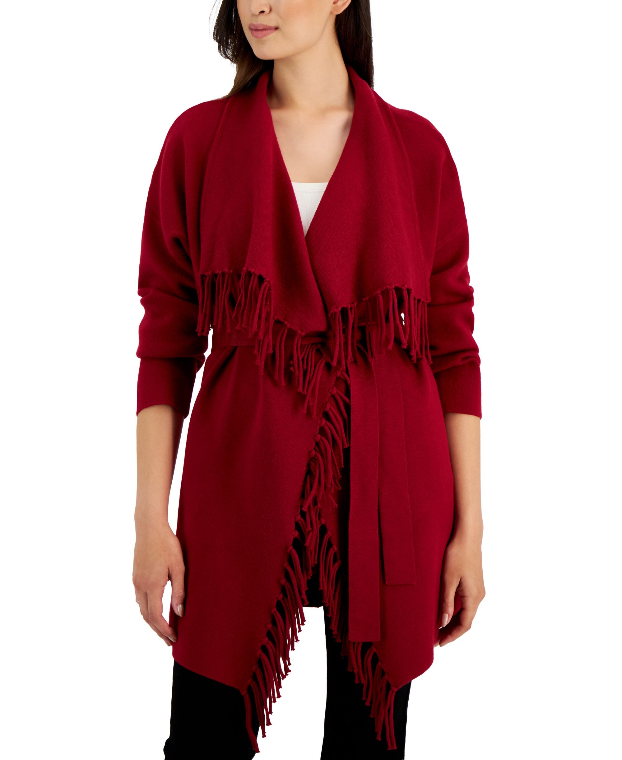 Women's Fringe-Trimmed Flyaway-Collar Coatigan