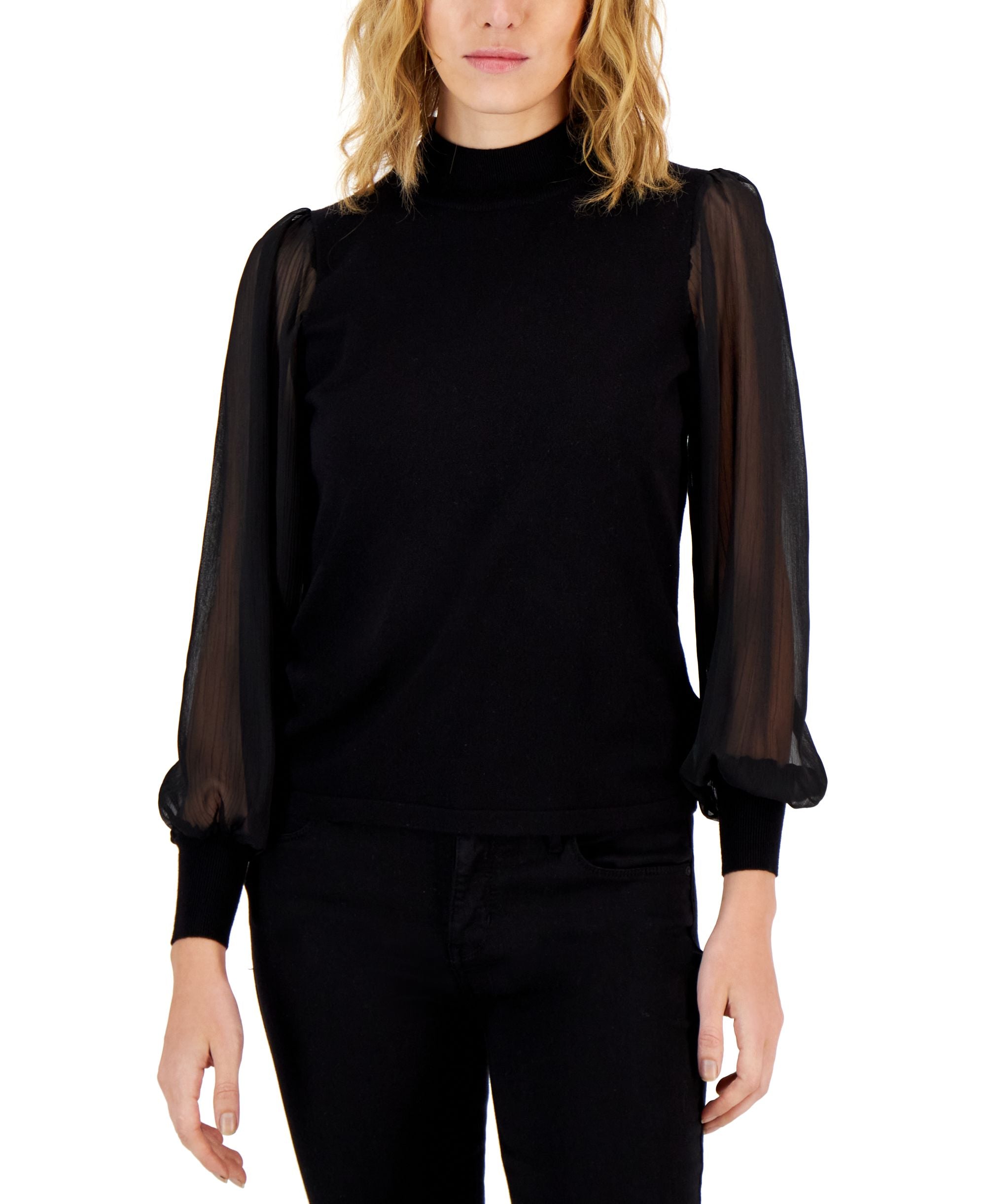 T Tahari Womens Mock Neck Sheer Blouson Sleeve Sweater
