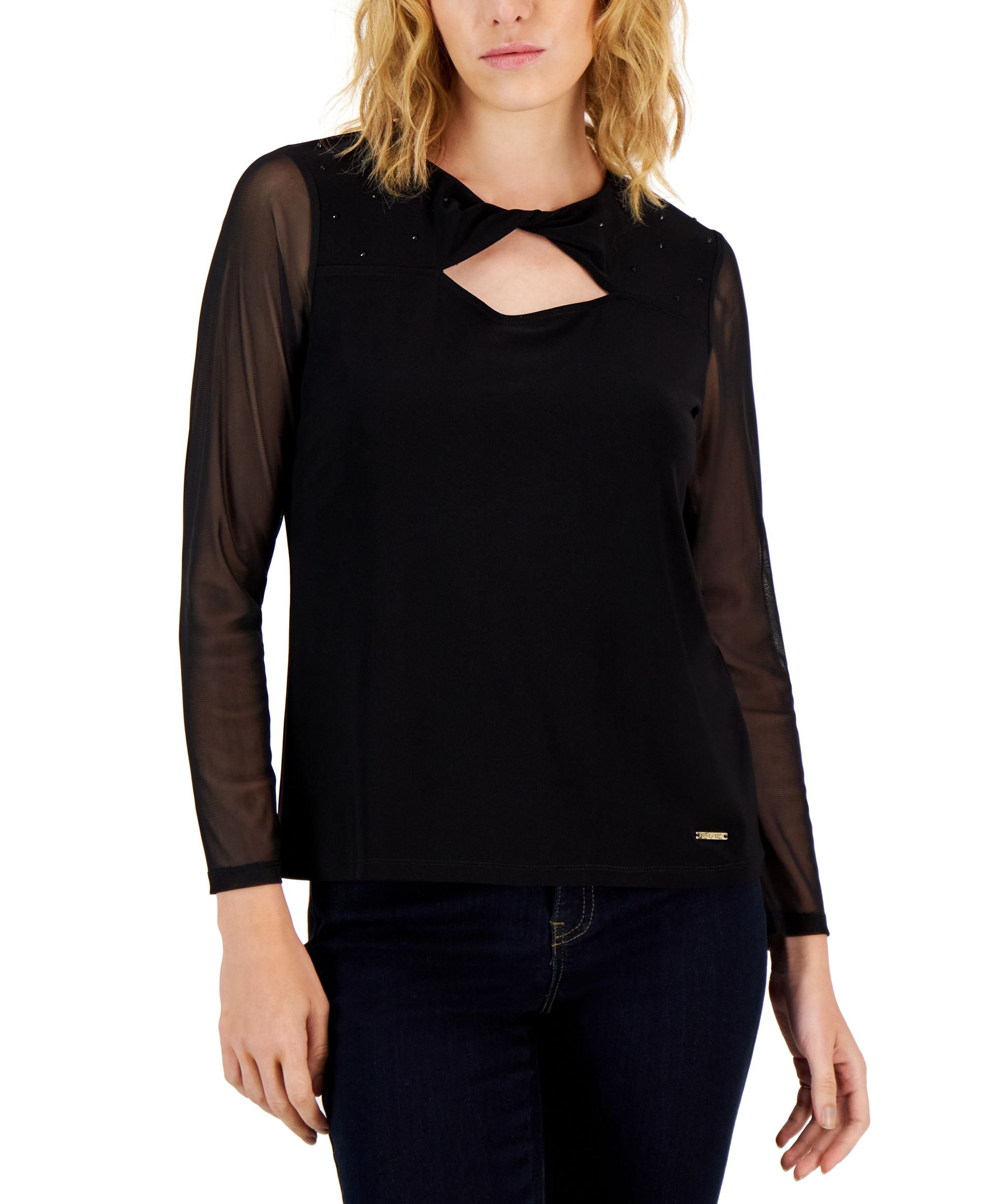 Nine West Womens Twist Neck Cutout Long Sleeve Top