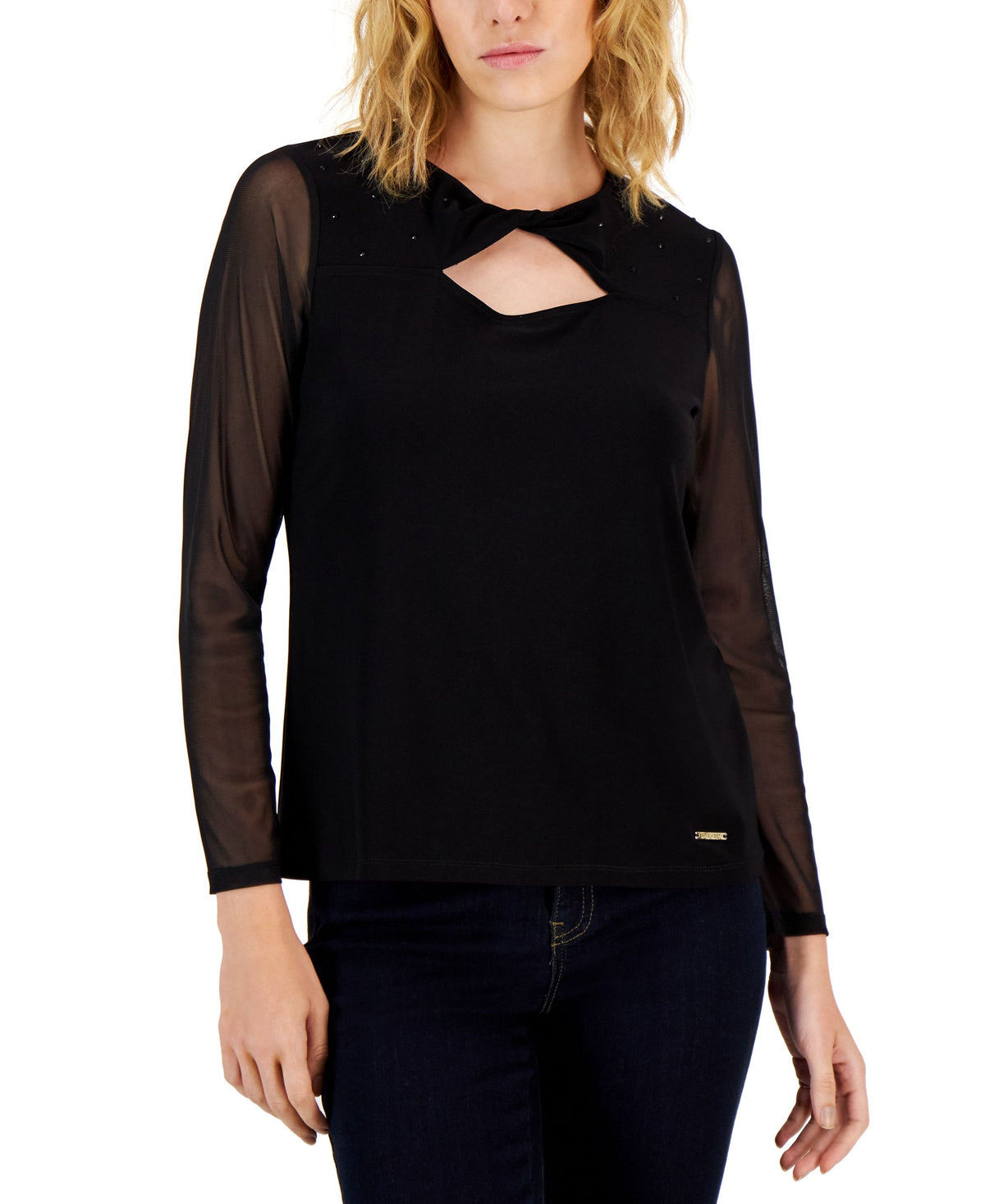 Nine West Womens Twist Neck Cutout Long Sleeve Top