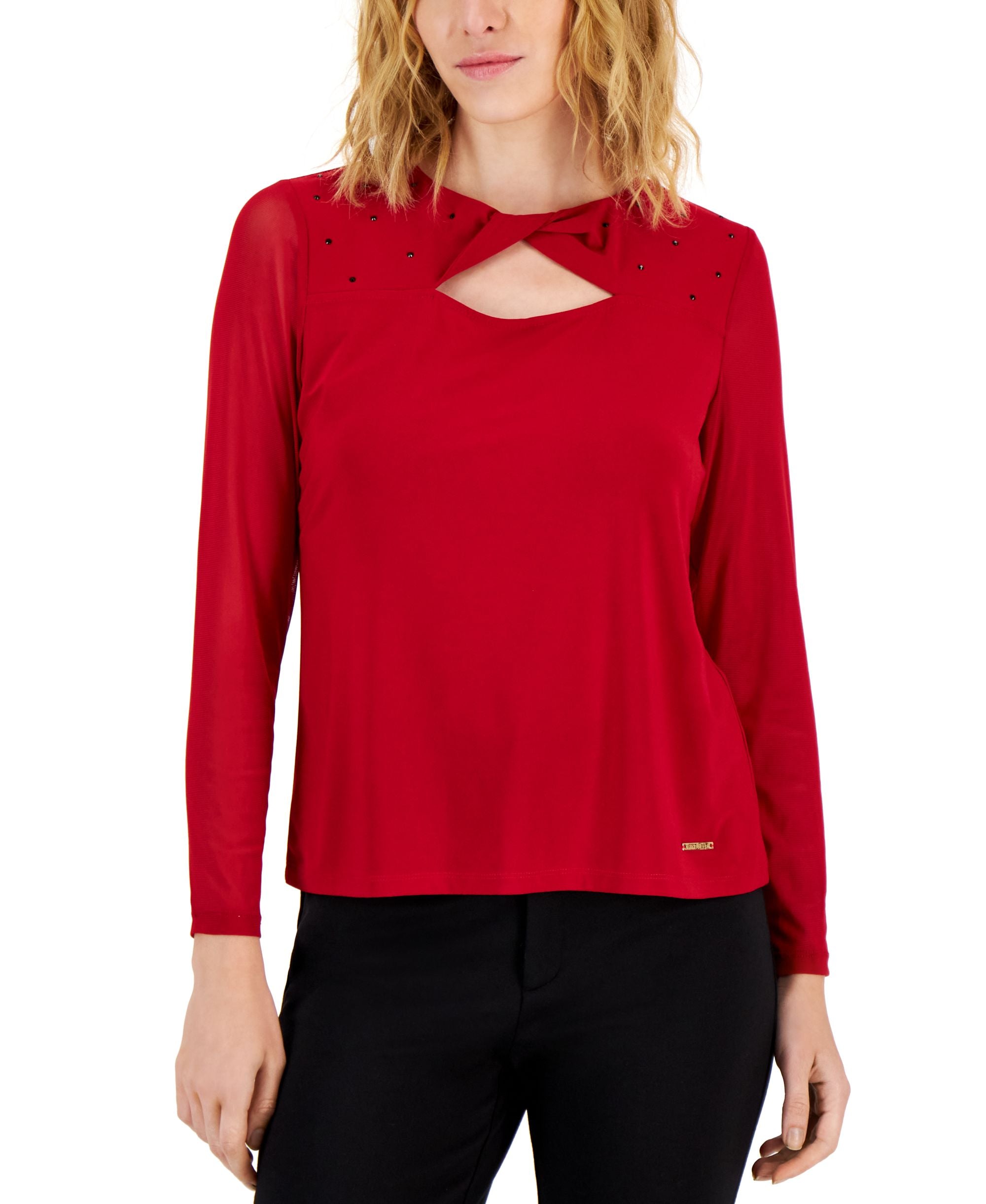 Nine West Womens Twist Neck Cutout Long Sleeve Top