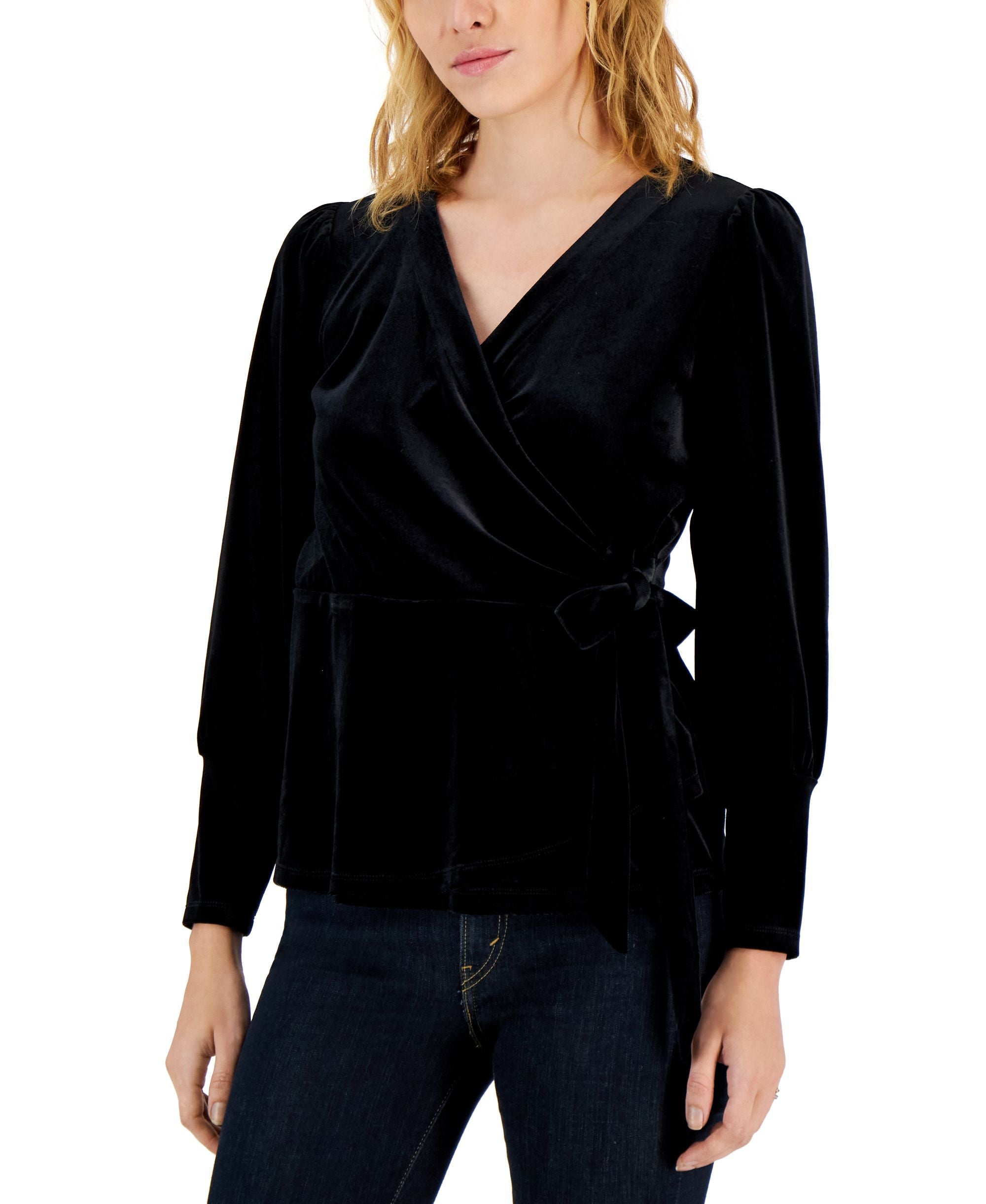 Nine West Womens Velvet Peplum Faux Wrap Long Sleeve Top