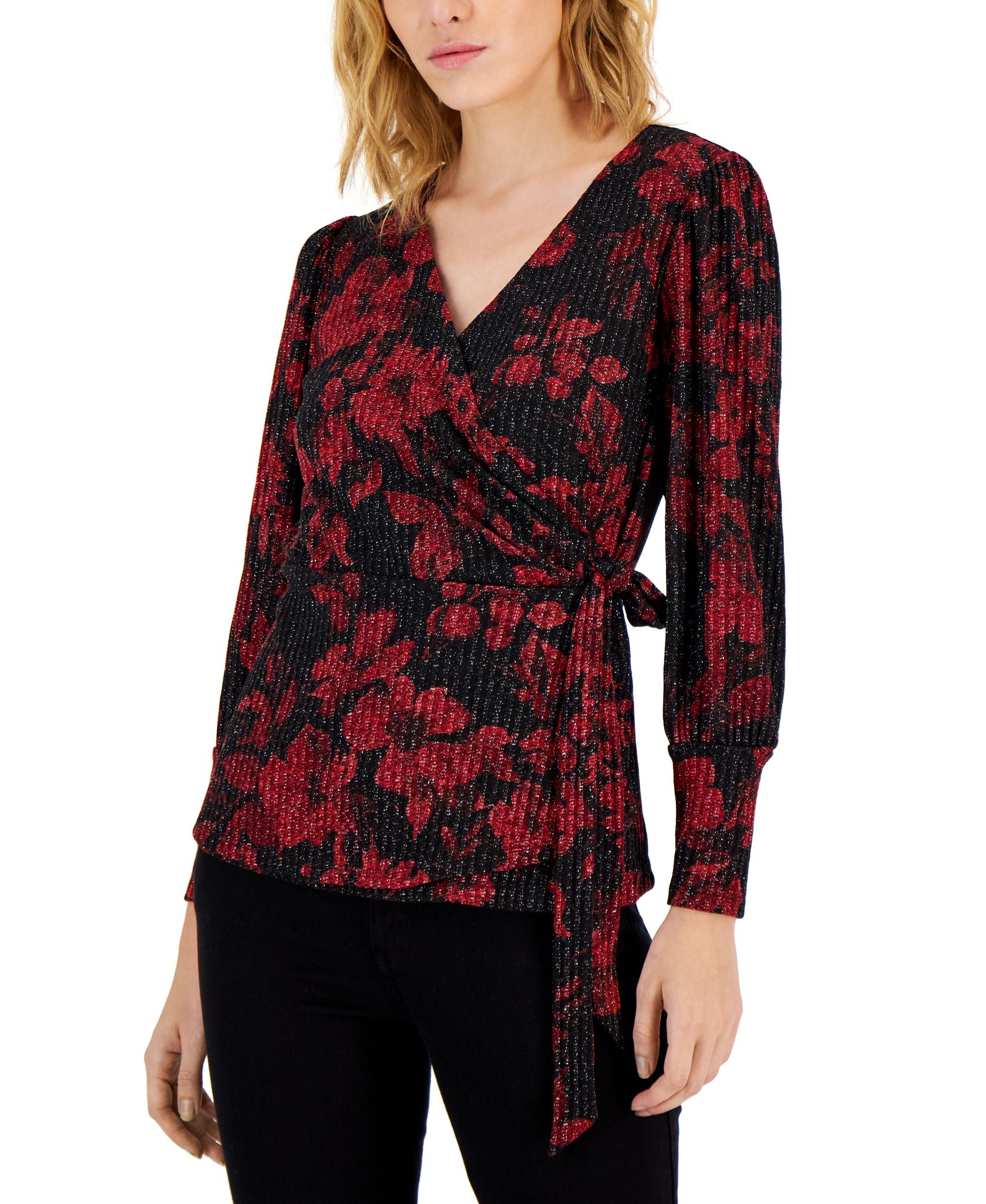 Nine West Womens Printed Peplum Faux Wrap Long Sleeve Top