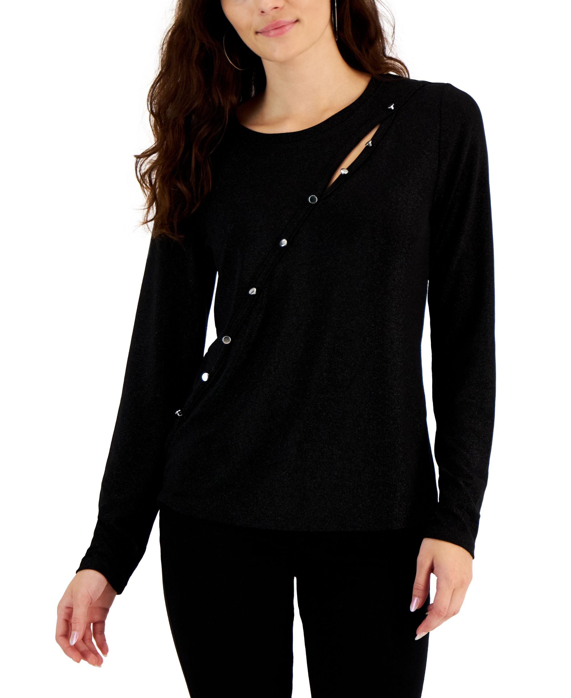 Fever Womens Asymmetrical Button Trim Long Sleeve Top