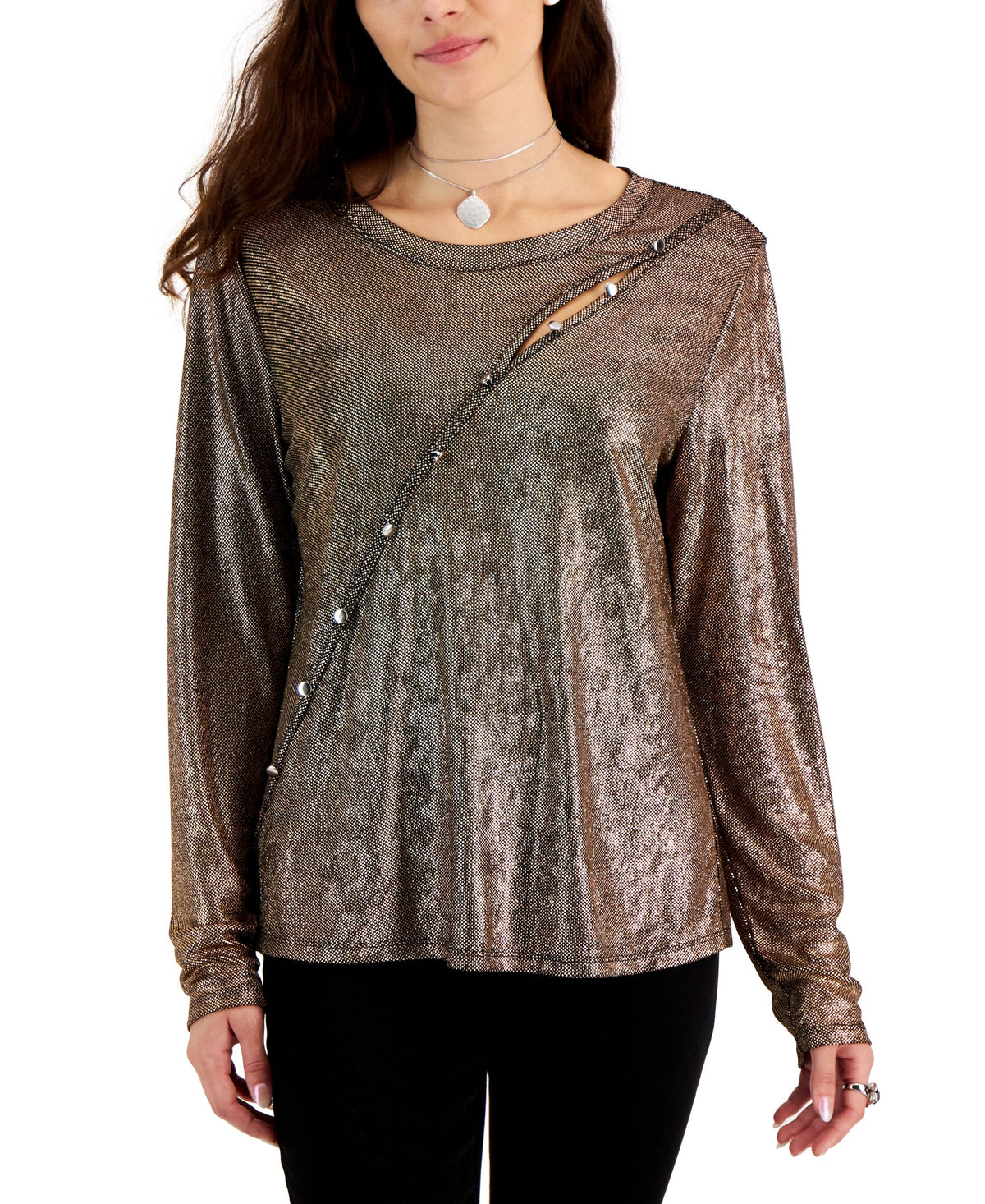 Fever Womens Asymmetrical Button Trim Long Sleeve Top