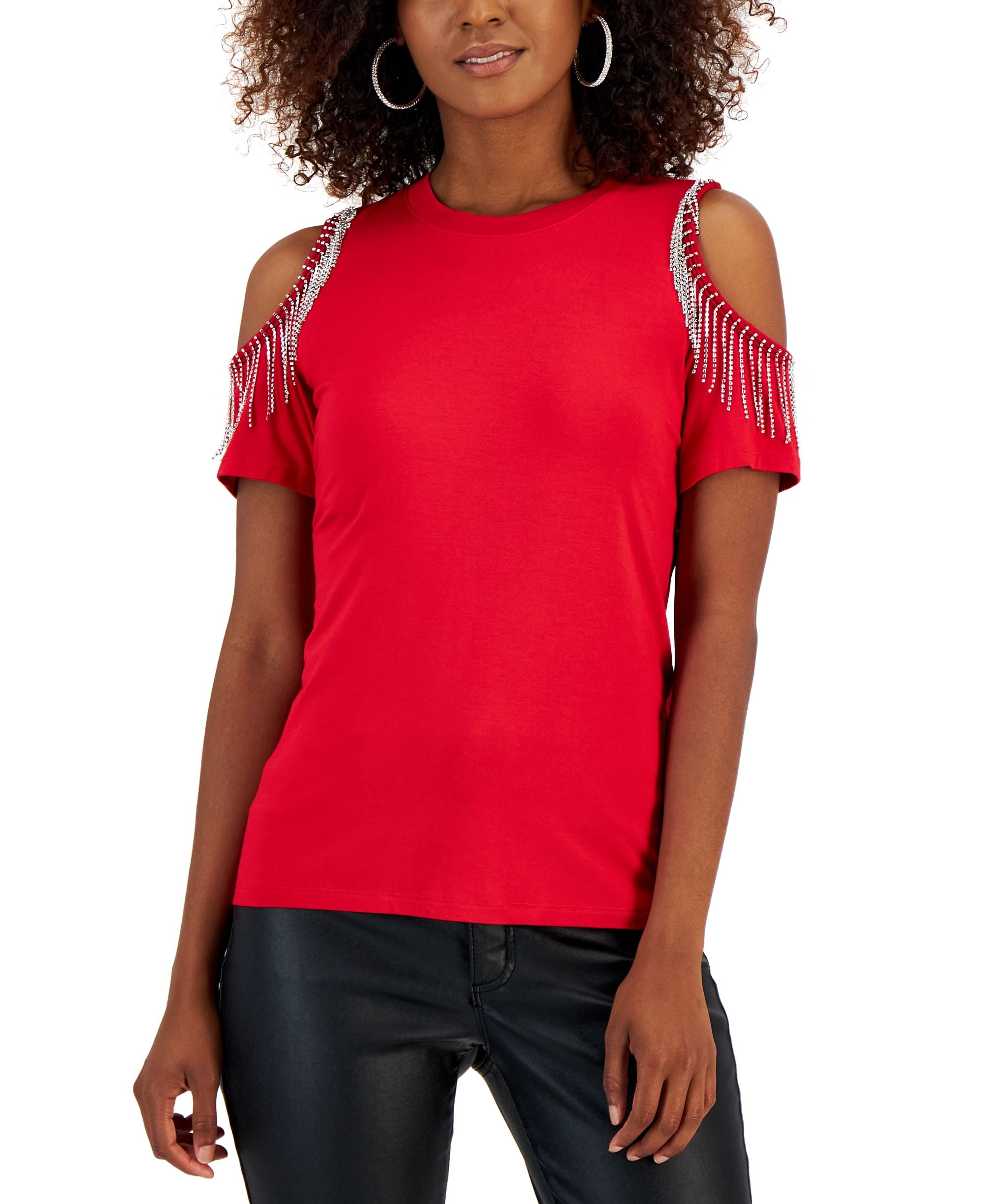 INC International Concepts Womens Rhinestone Cold Shoulder Top