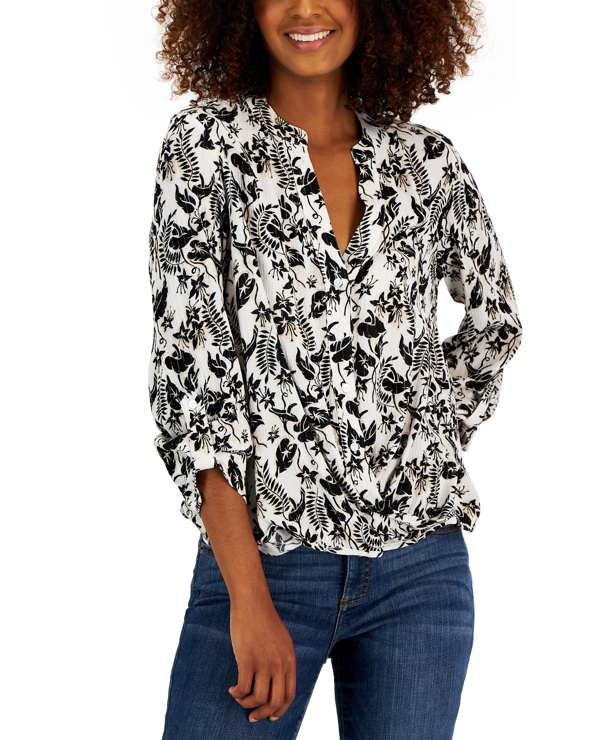 INC International Concepts Womens Botanical Print Button Up Long Sleeve Shirt