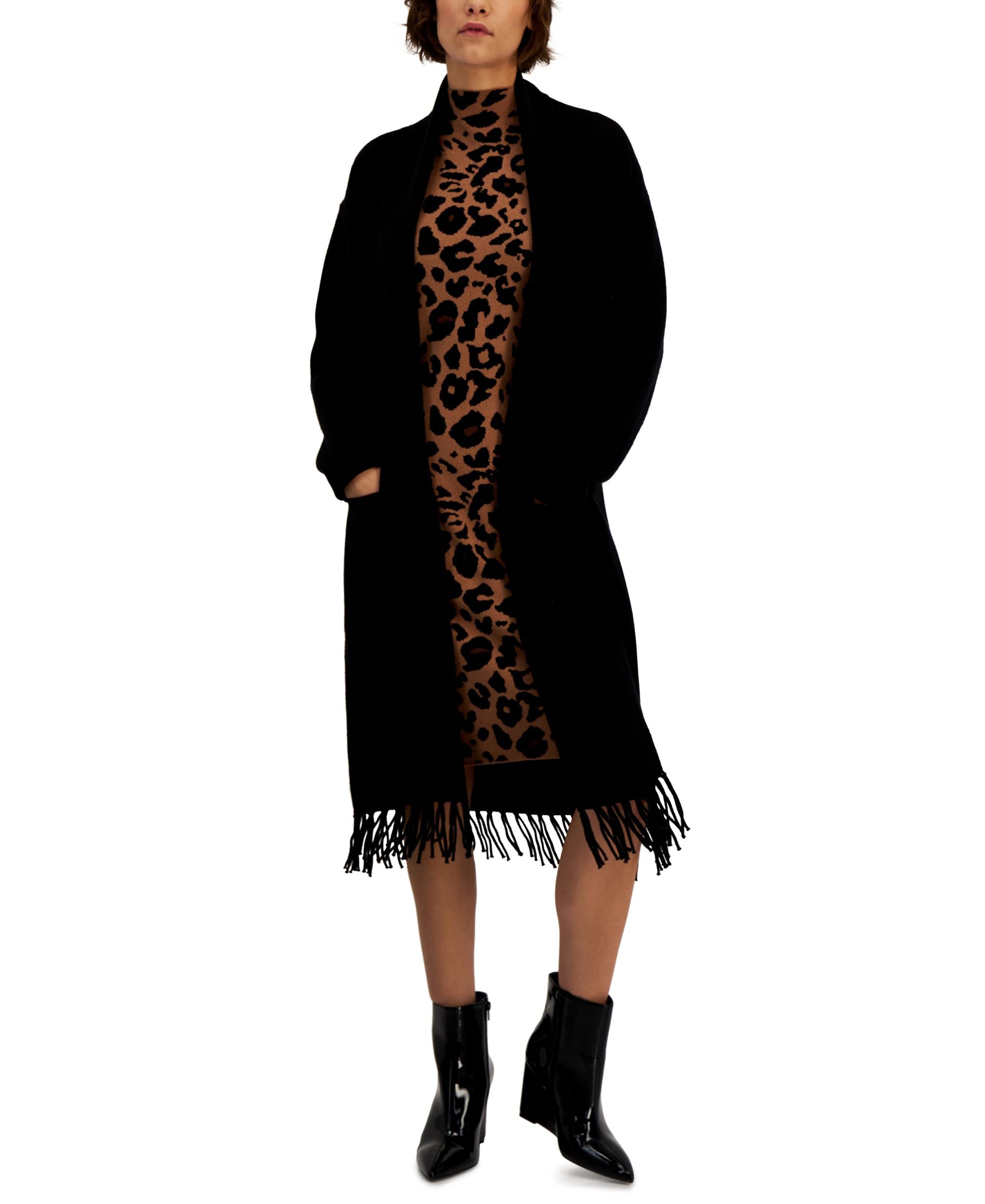 T Tahari Womens Long Sleeve Open Front Fringe Duster Sweater