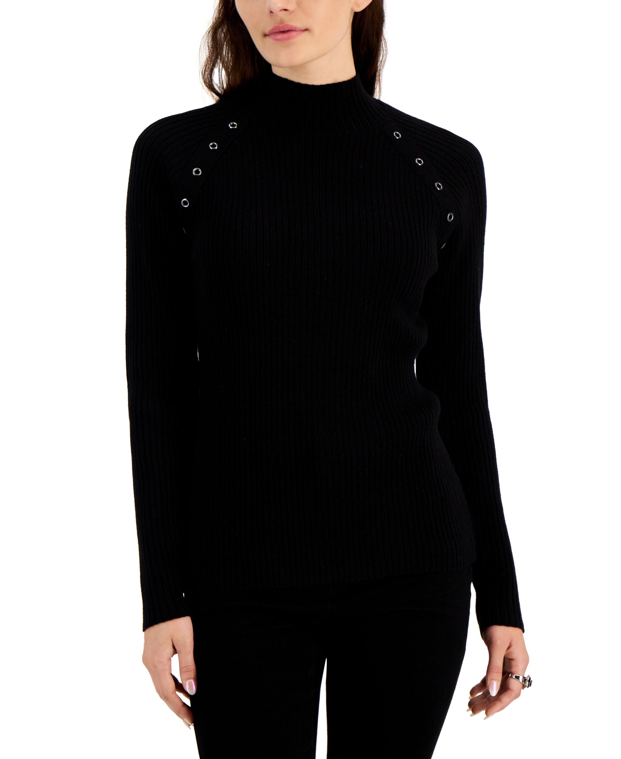 Fever Womens Mock Neck Ribbed Grommet Trim Sweater