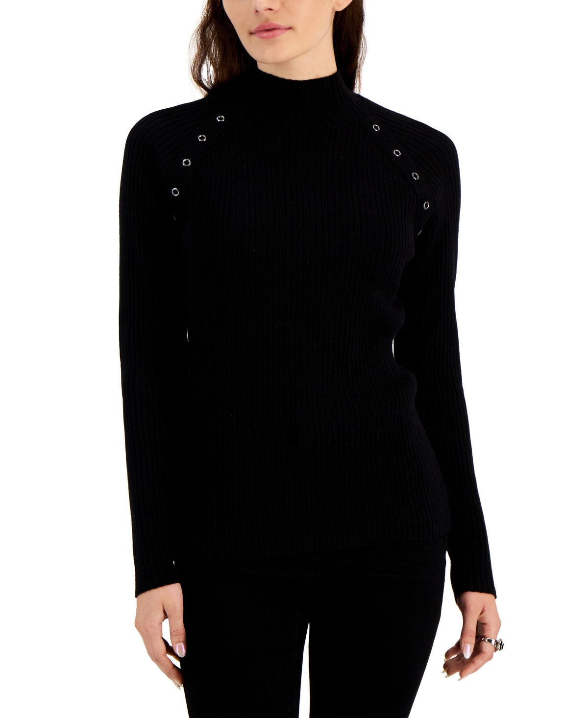 Fever Womens Mock Neck Ribbed Grommet Trim Sweater