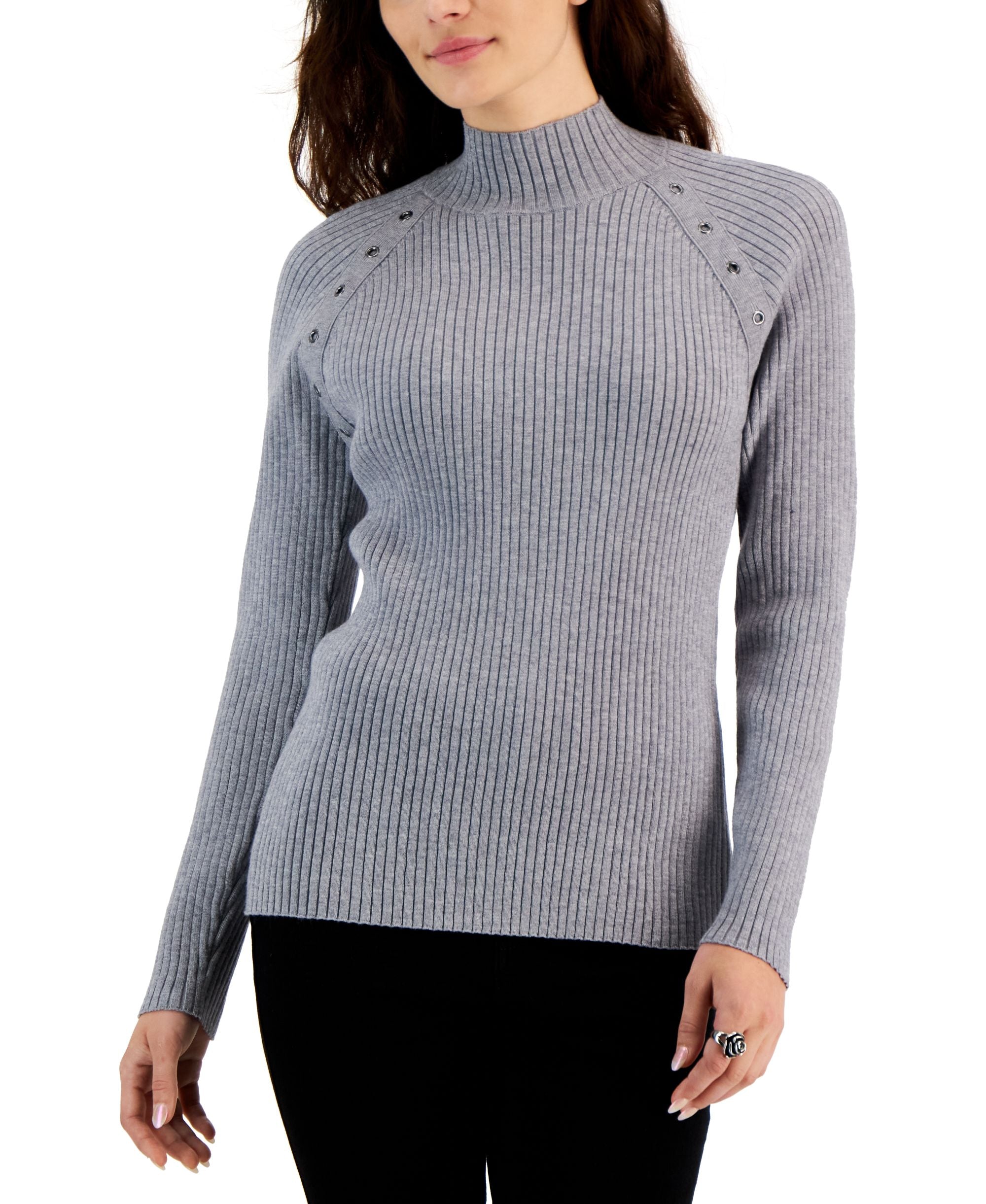 Fever Womens Mock Neck Ribbed Grommet Trim Sweater