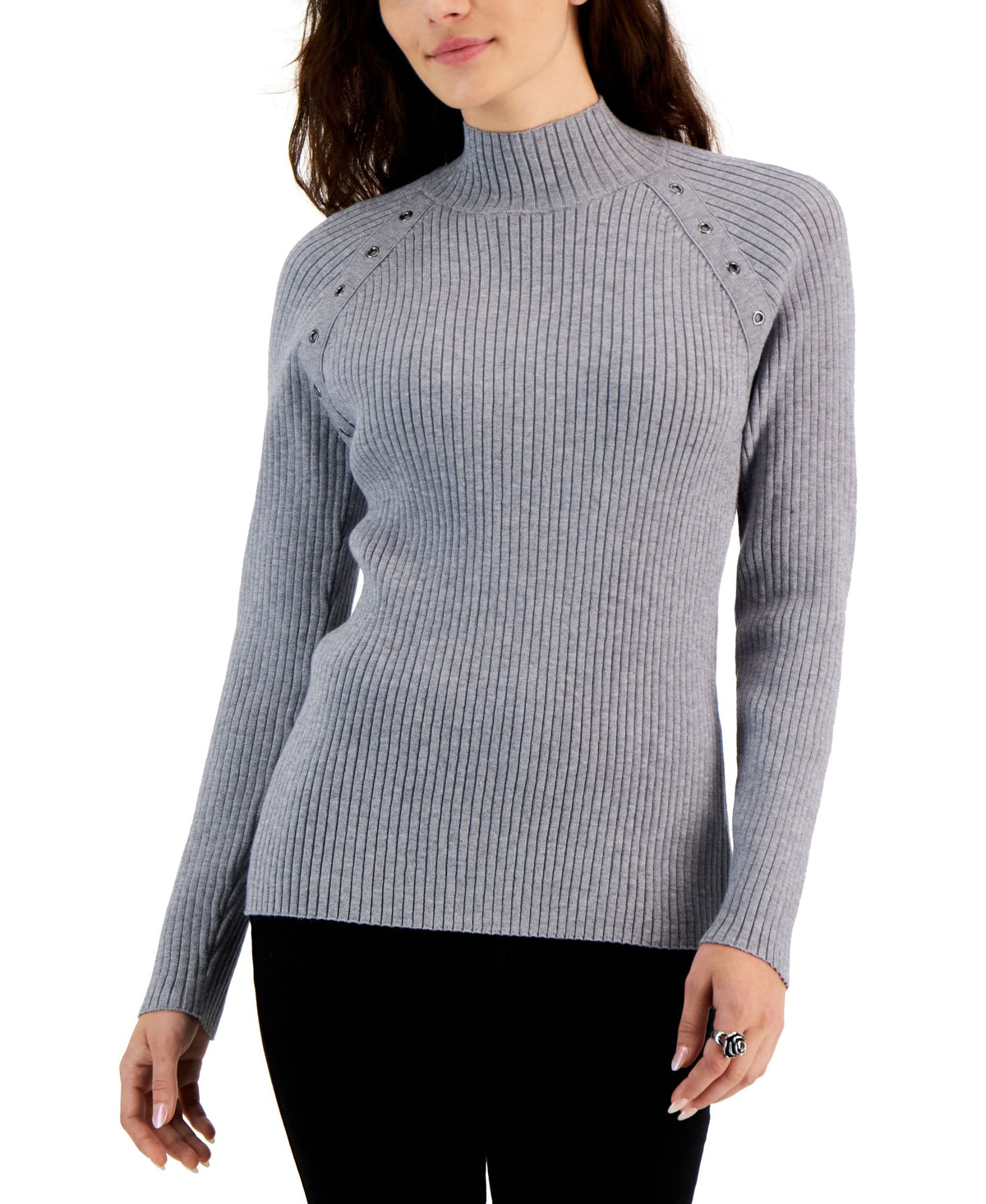 Fever Womens Mock Neck Ribbed Grommet Trim Sweater