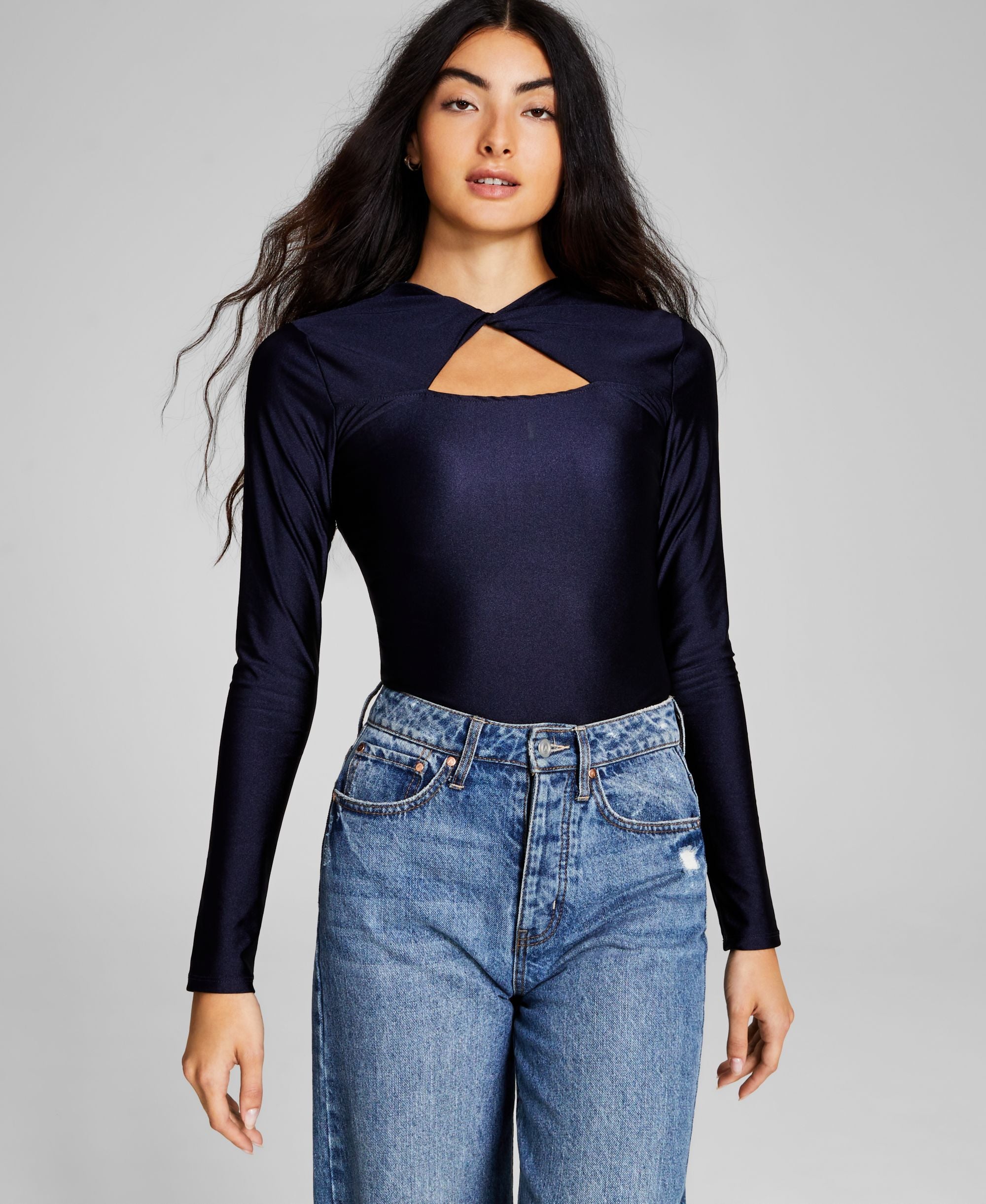 Women's Shiny Twisted Long Sleeve Thong Bodysuit