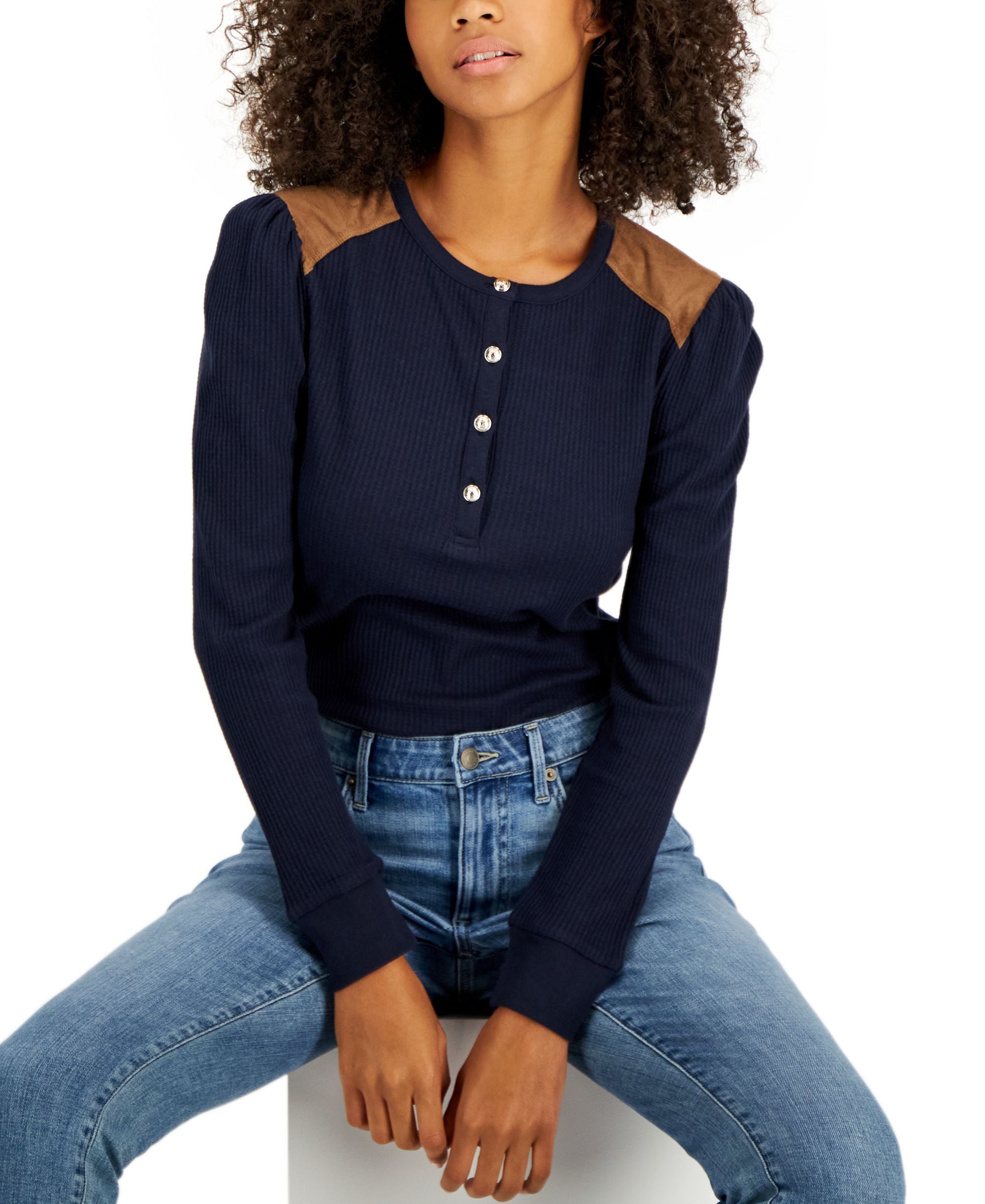 Tommy Hilfiger Womens Faux Suede Trim Henley Top