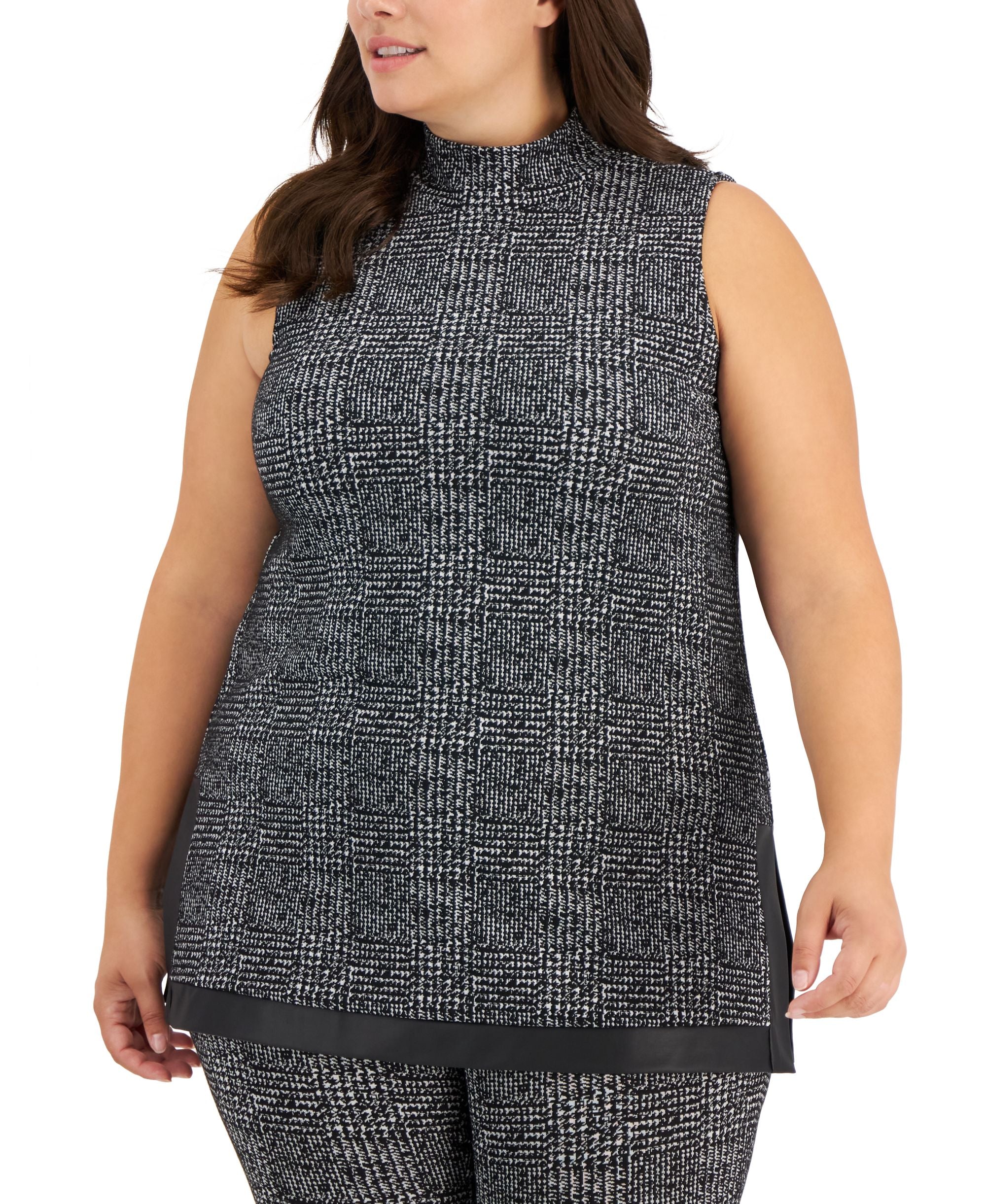 Plus Size Jacquard Faux-Leather-Trim Tunic