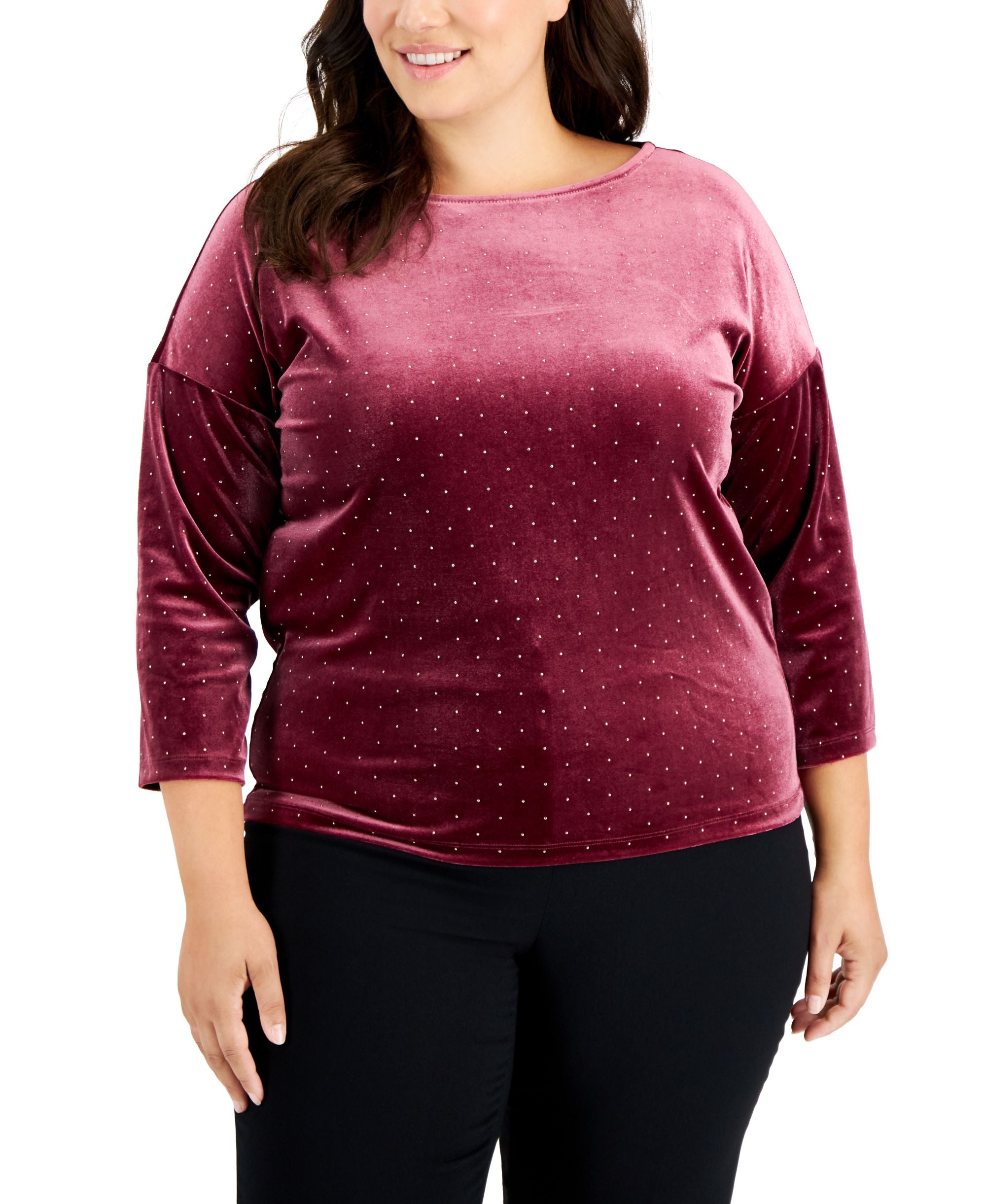 Plus Size Gift Giving Dew Drop Velour Dot-Print Top
