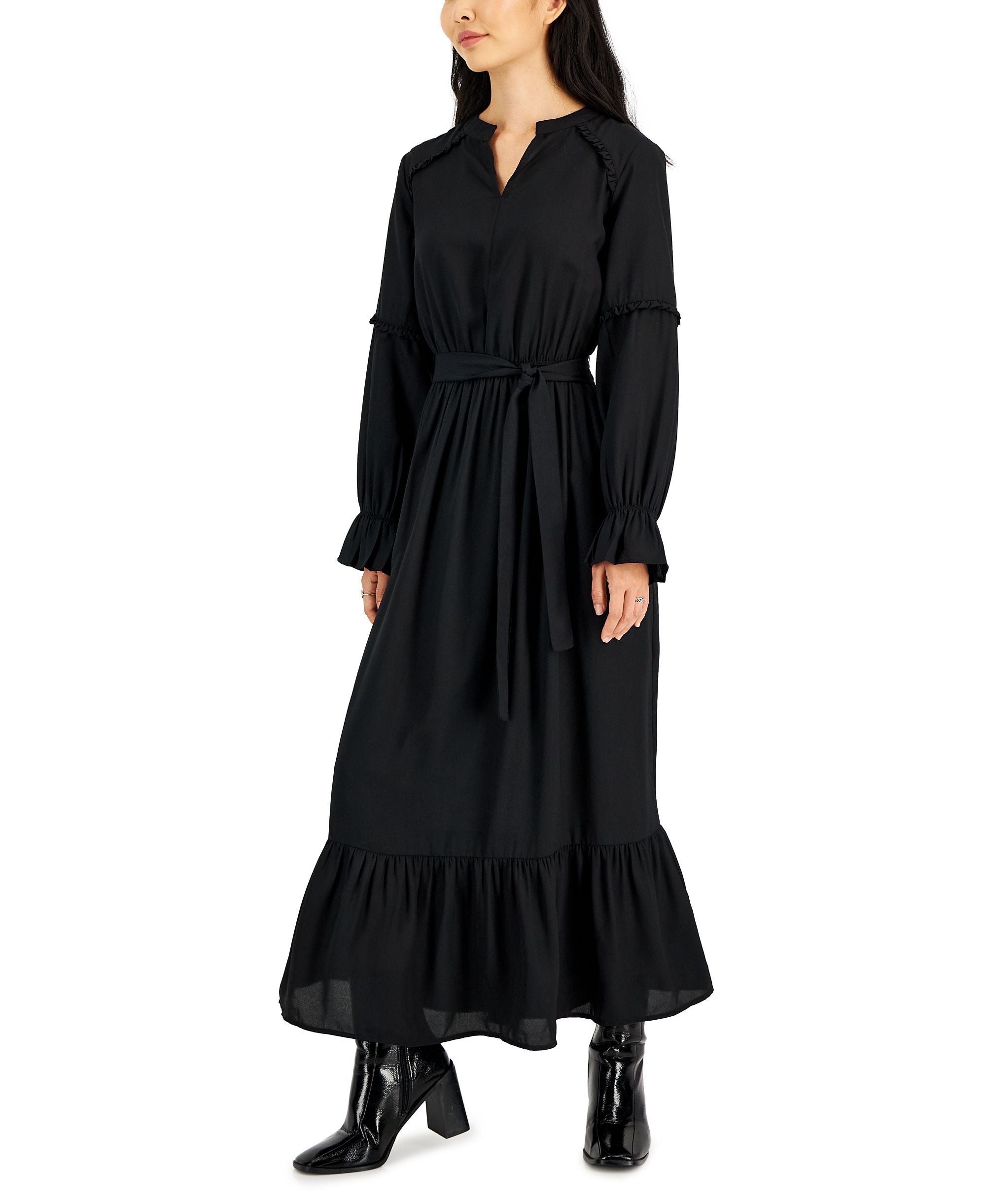 Petite Ruffle-Trim Balloon-Sleeve Maxi Dress