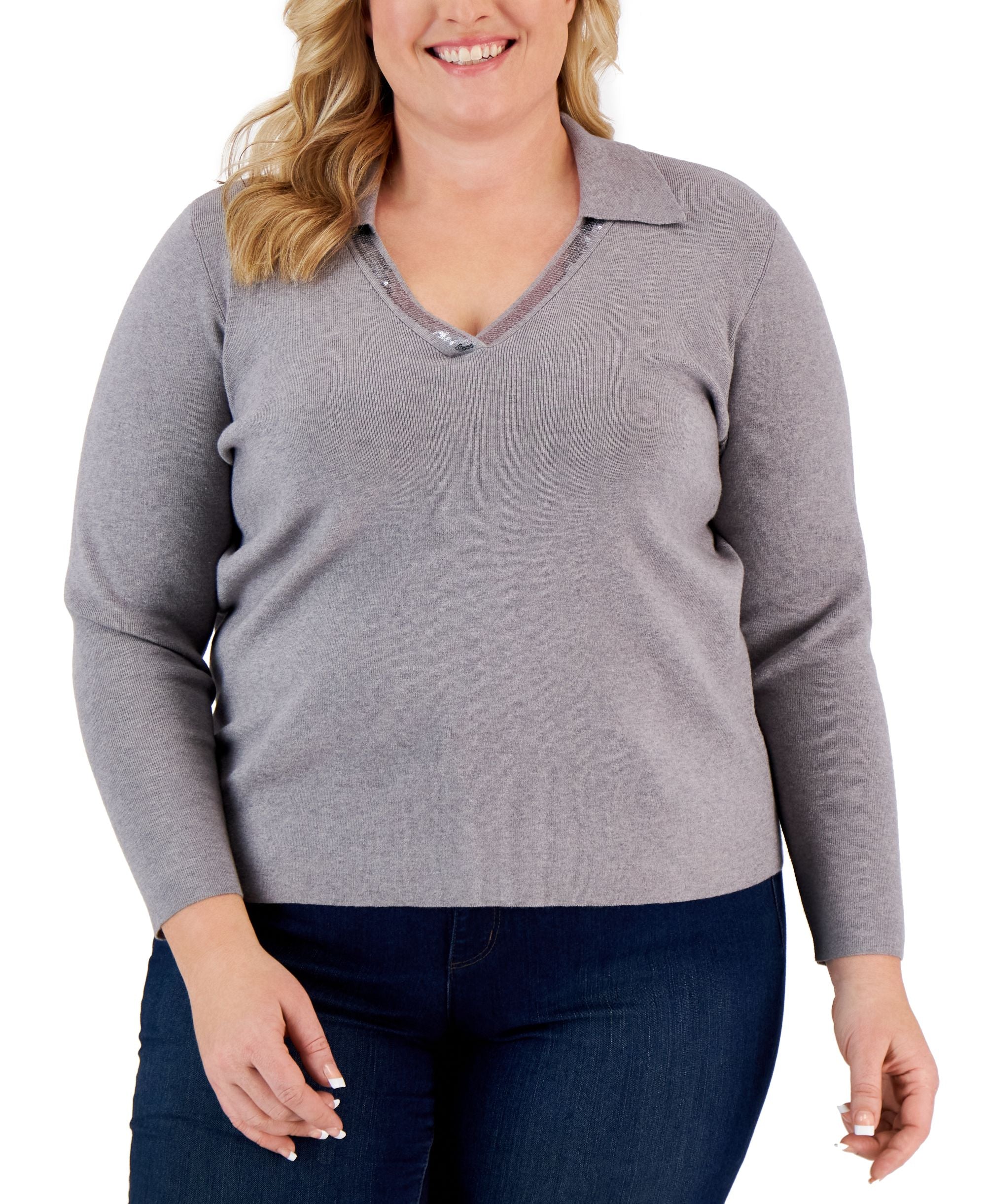 Plus Size Sequin-Trim V-Neck Collared Sweater