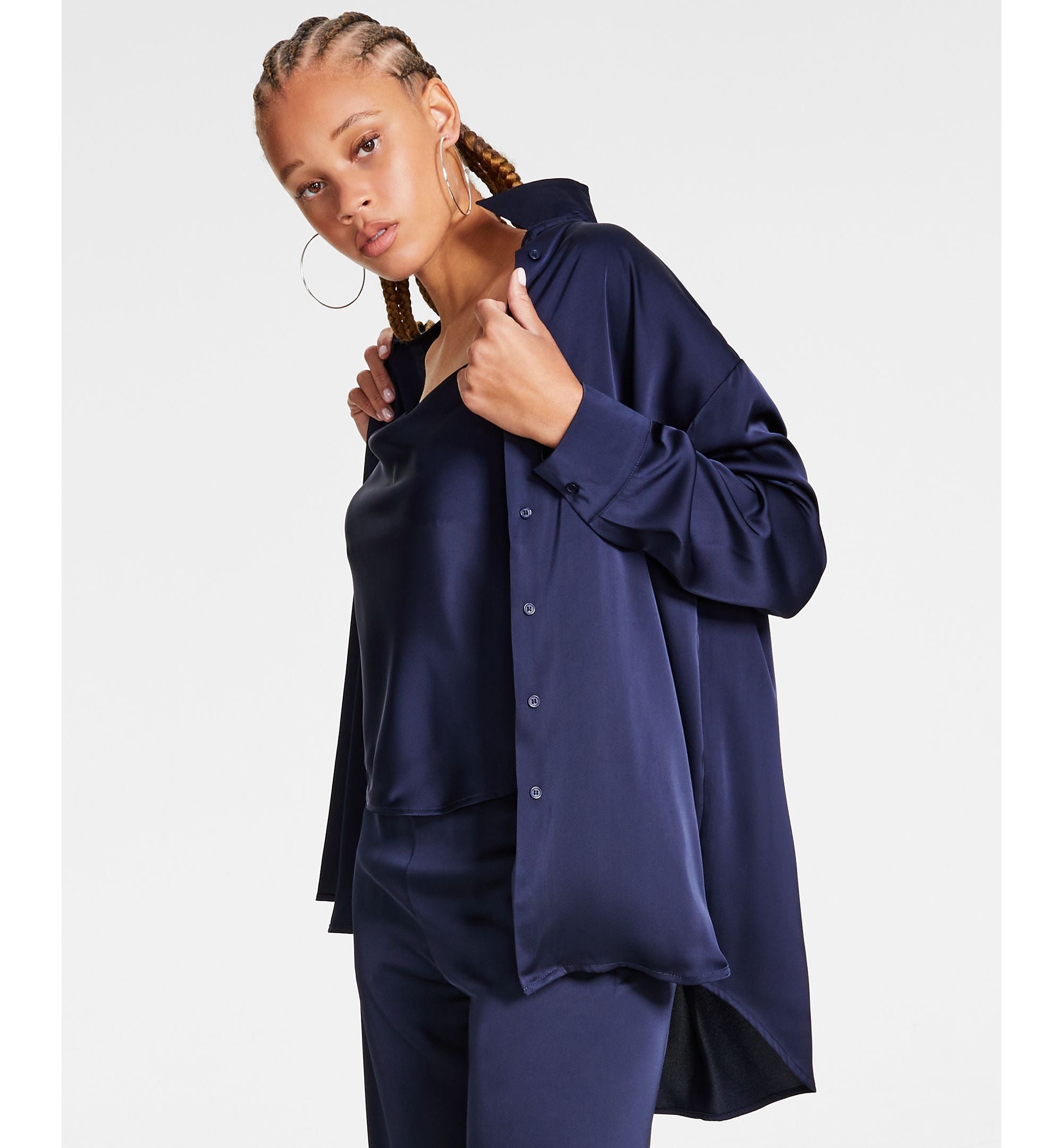 Women's Oversized Satin Collared Long-Sleeve Shirt