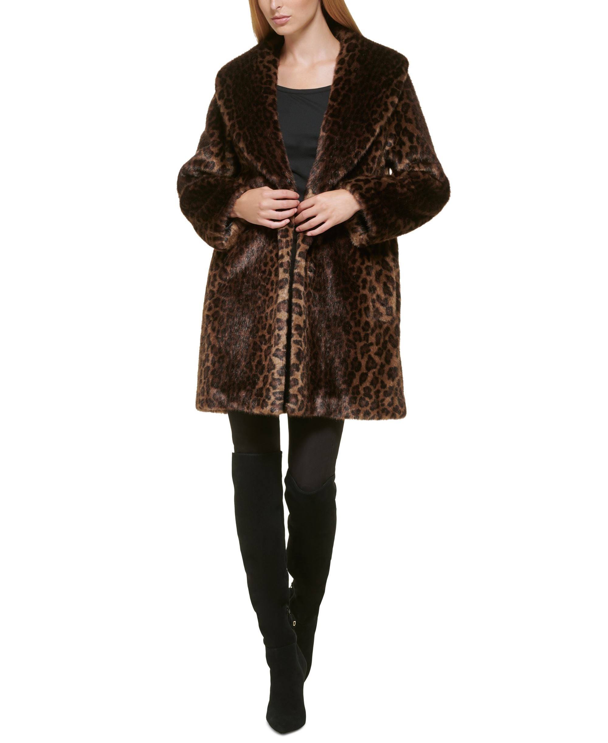 Donna Karen Women's Leopard-Print Shawl-Collar Faux-Fur Coat